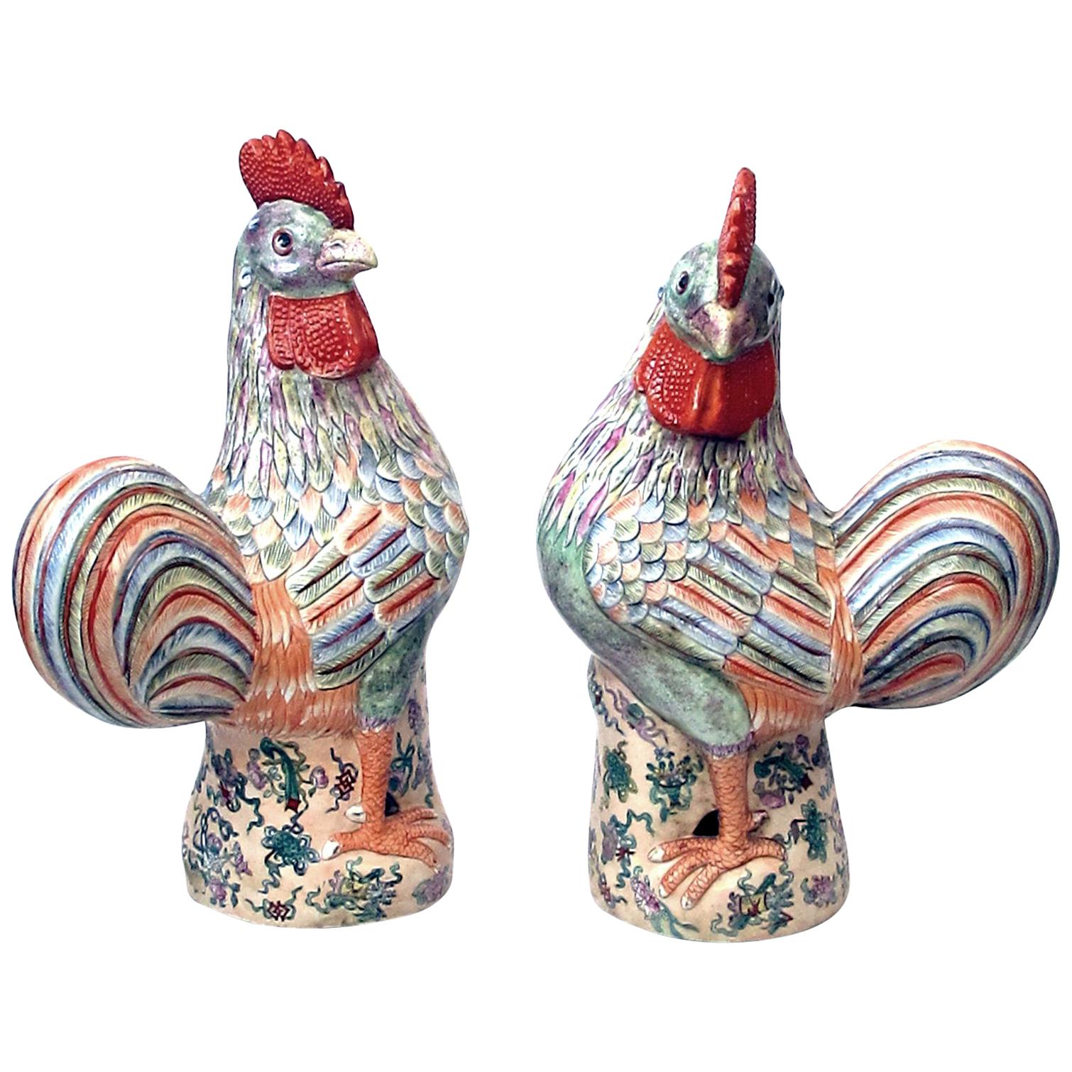 Large Pair of Early 20th Century Chinese Export Polychrome Porcelain Roosters