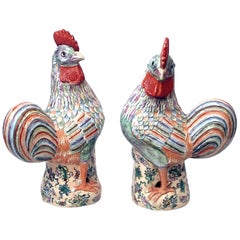 Large Pair of Early 20th Century Chinese Export Polychrome Porcelain Roosters