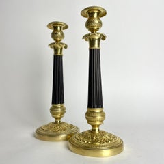 A large pair of Empire Candlesticks in gilt and dark patinated bronze. 1820s