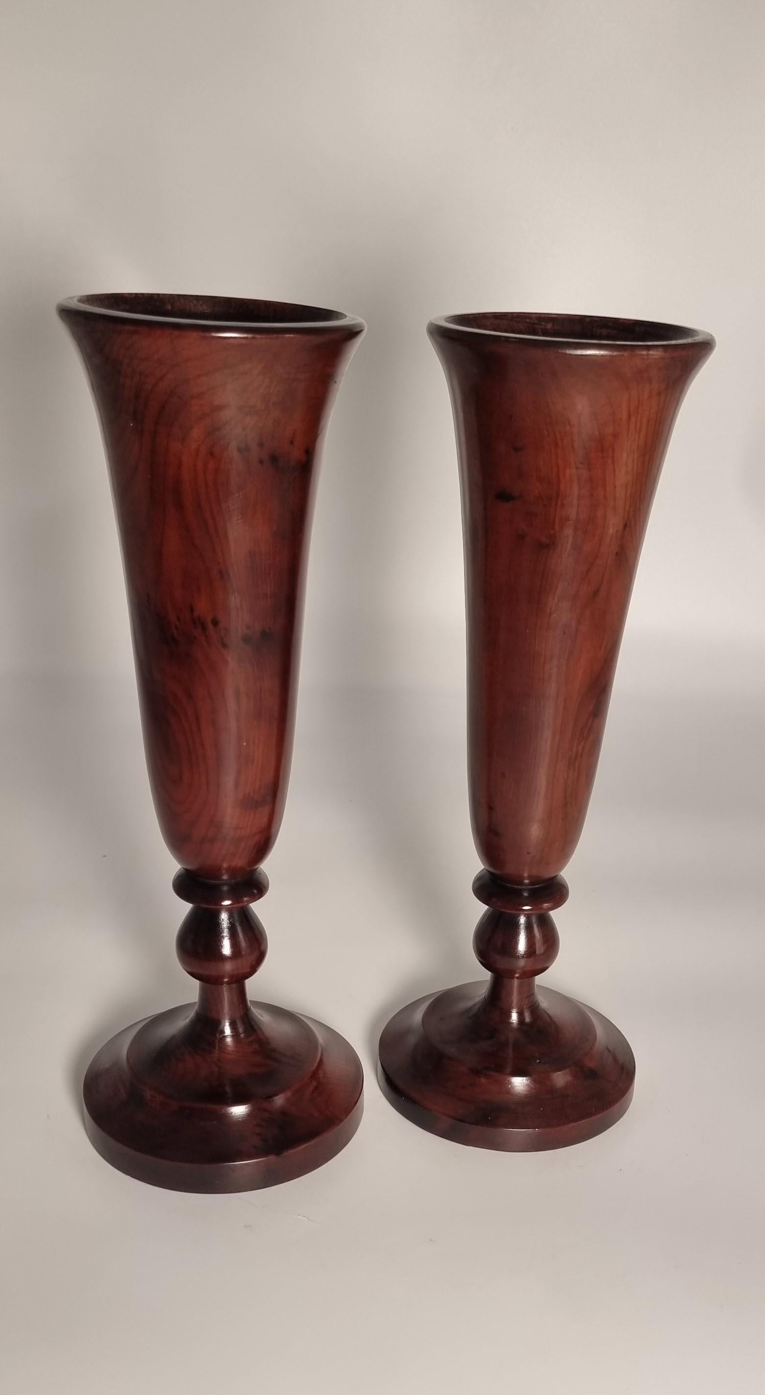 This fabulous pair of rare large yew wood treen vases are in the form of large stemmed goblets following a design similar to glassware of the period. They have been beautifully turned on a country woodman’s pole lathe in native well figured yew