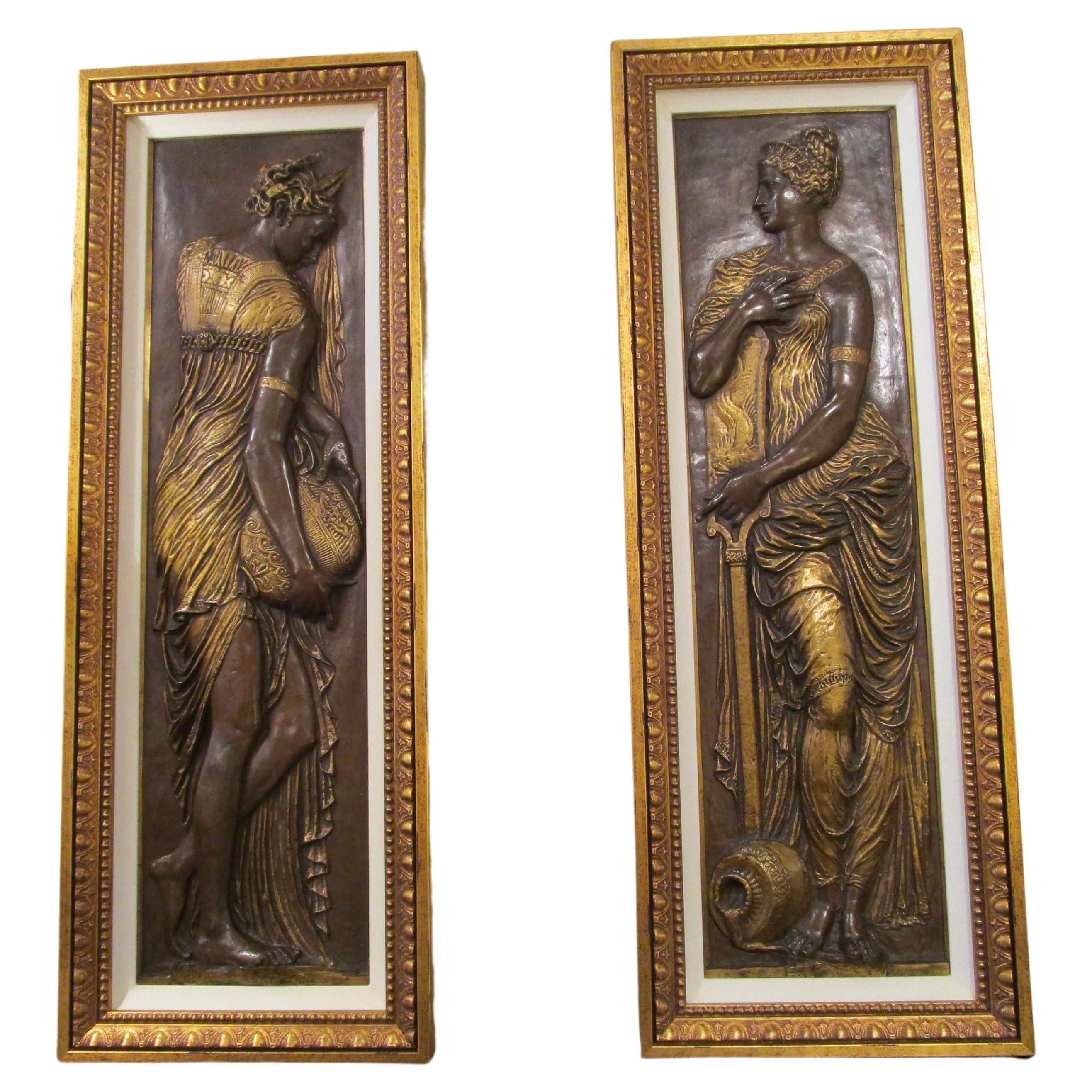 Large Pair of Fine F. Barbedienne Signed Bronze Relief Custom Framed Plaques For Sale