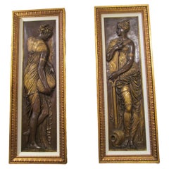 Antique Large Pair of Fine F. Barbedienne Signed Bronze Relief Custom Framed Plaques