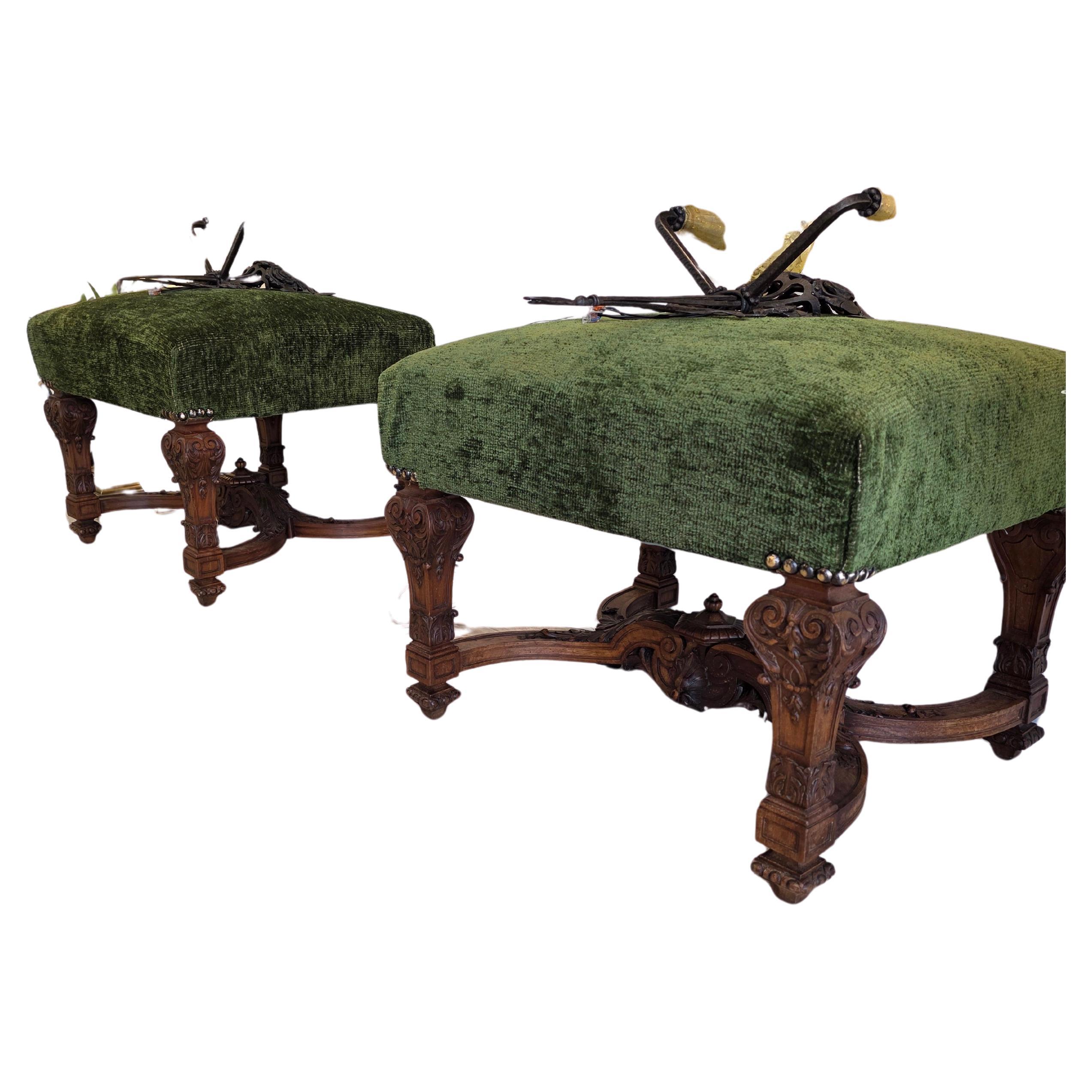 A Large Pair of French 19th century Louis XIV Style rectangular stools
Four baluster feet very finely carved with acanthus leaves, arabesques, and gadroons joined by a strecher
Circa 1880
Recently reupholstered with green velvet

The Louis XIV style