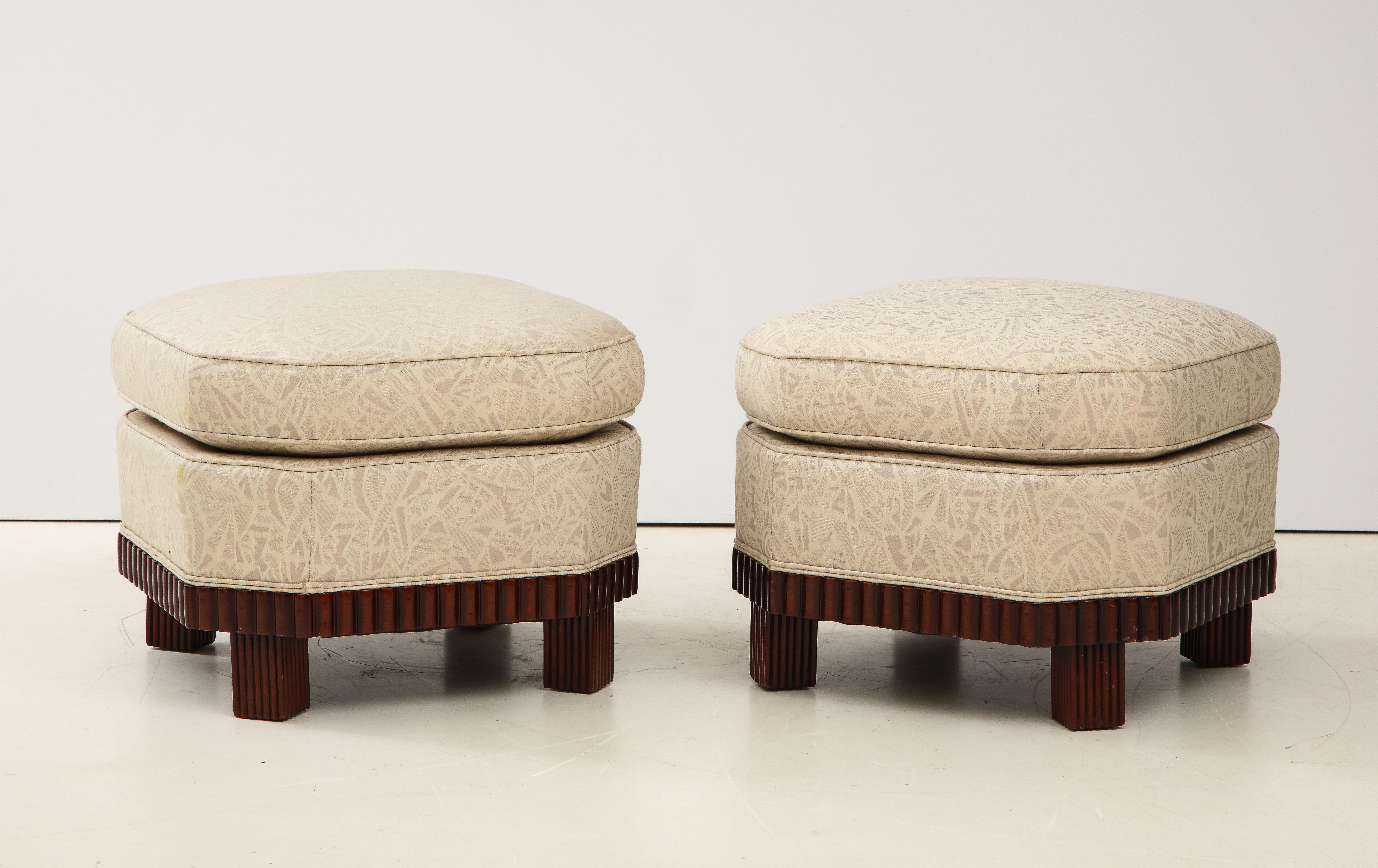 Large Pair of French Art Deco Footstools or Ottomans with Mahogany Bases In Good Condition In New York, NY