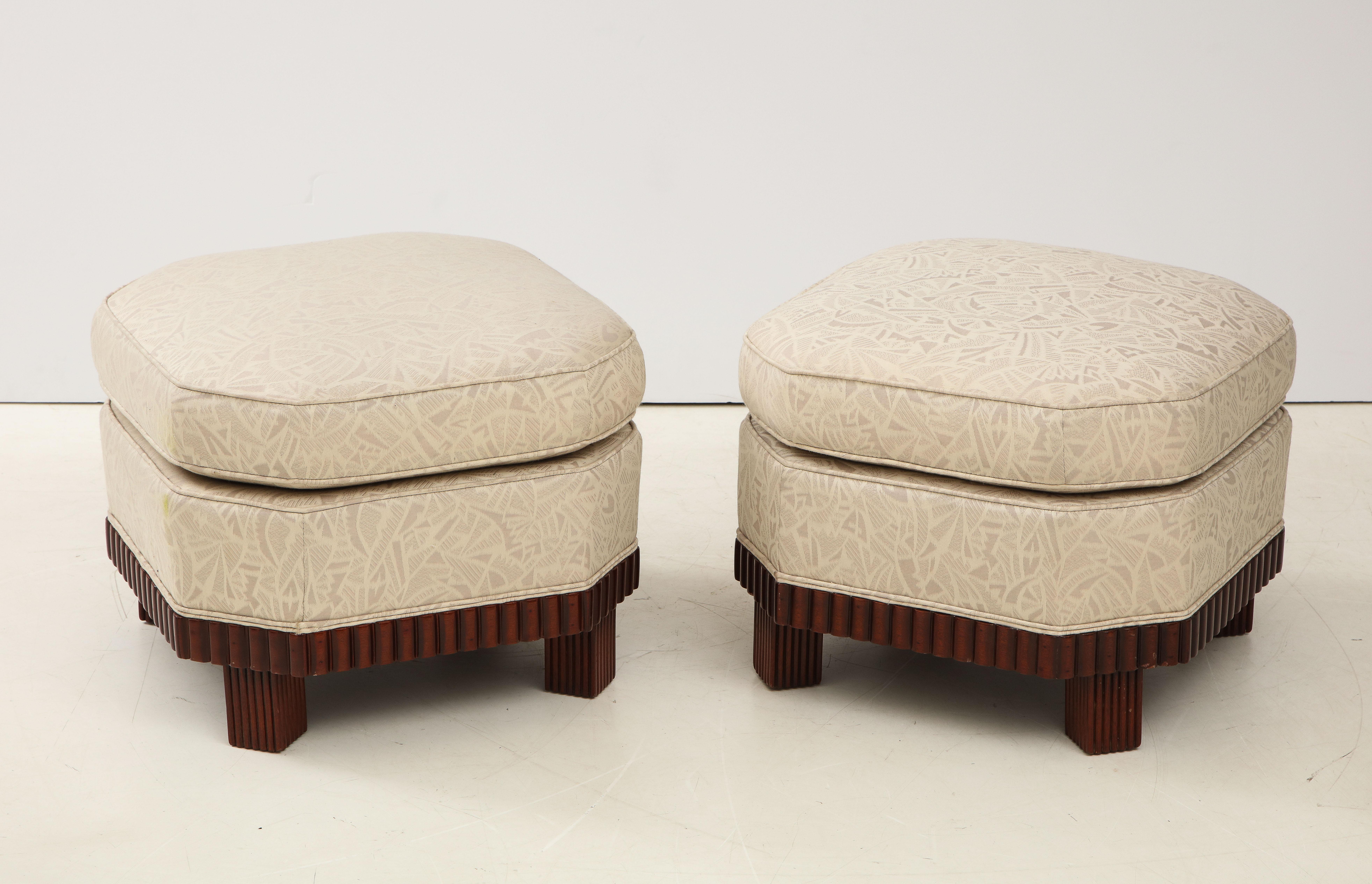 Large Pair of French Art Deco Footstools or Ottomans with Mahogany Bases 1