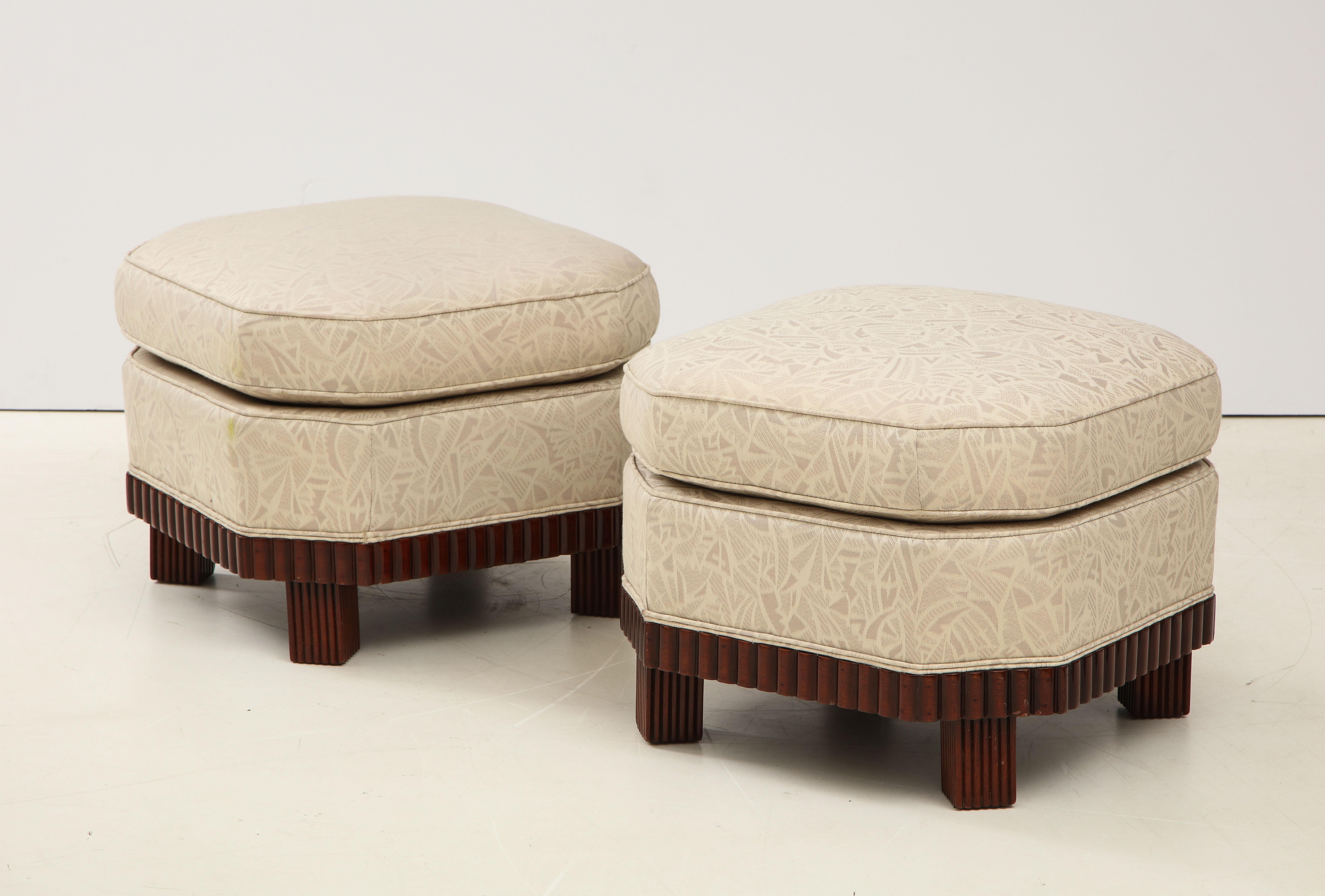 Large Pair of French Art Deco Footstools or Ottomans with Mahogany Bases 2