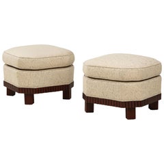 Large Pair of French Art Deco Footstools or Ottomans with Mahogany Bases