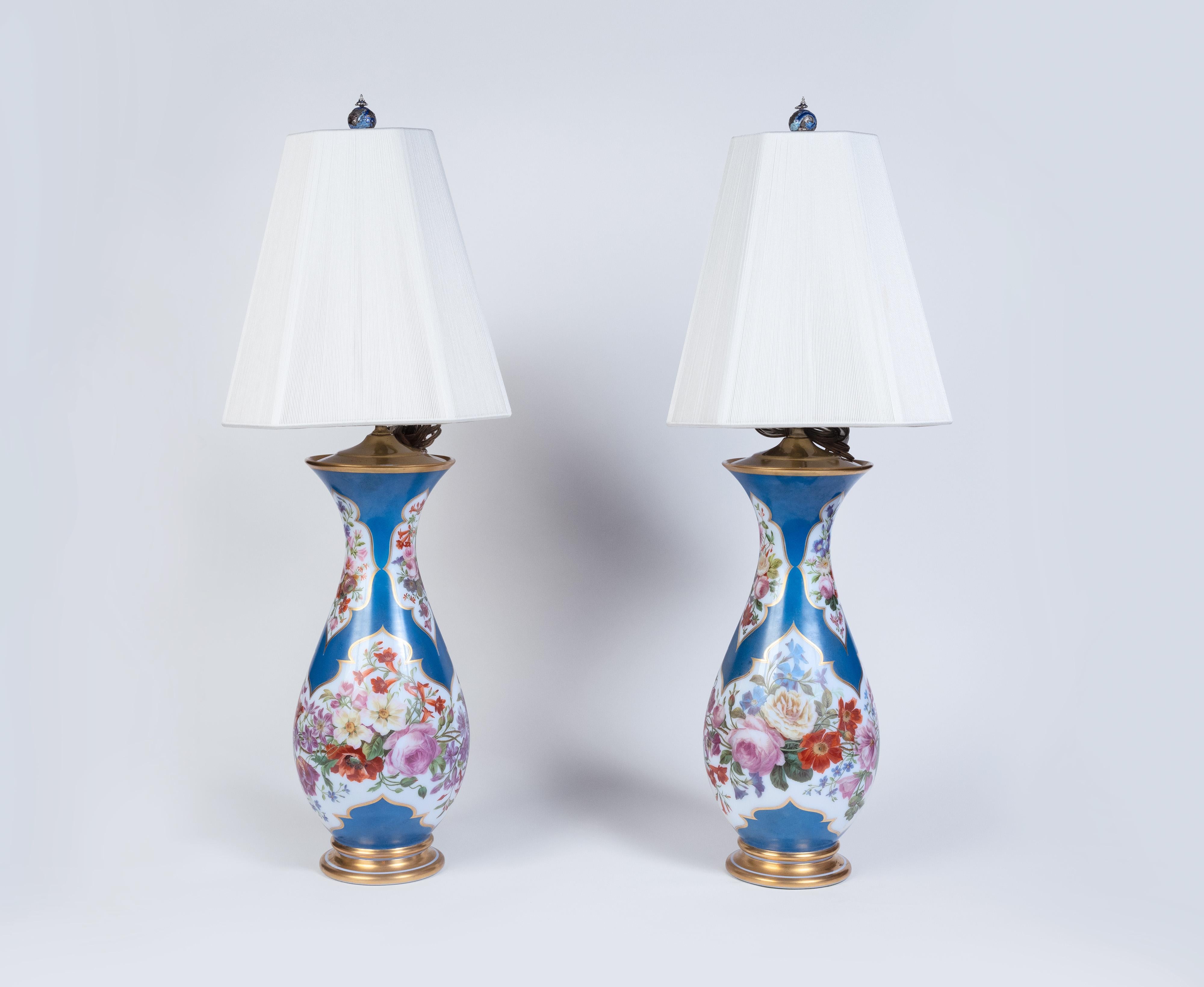 A Large Pair of French Baccarat Opaline Glass Vases / Lamps, 19th Century In Good Condition For Sale In New York, NY