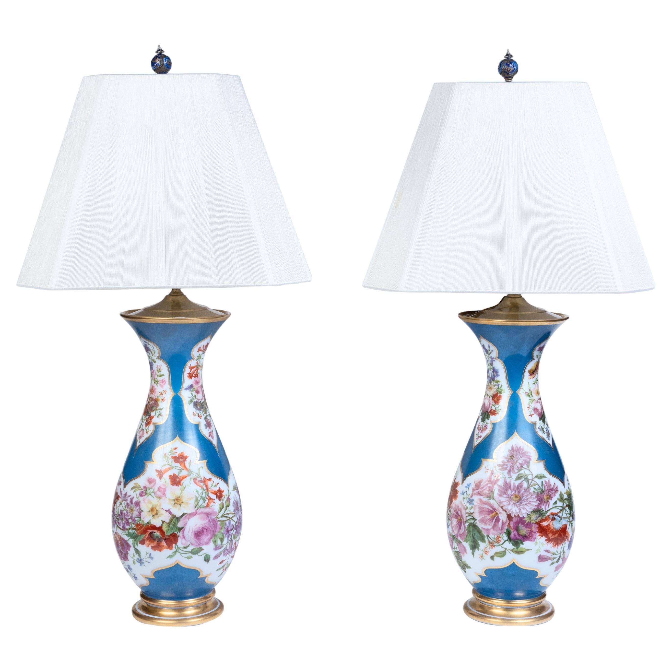 A Large Pair of French Baccarat Opaline Glass Vases / Lamps, 19th Century For Sale