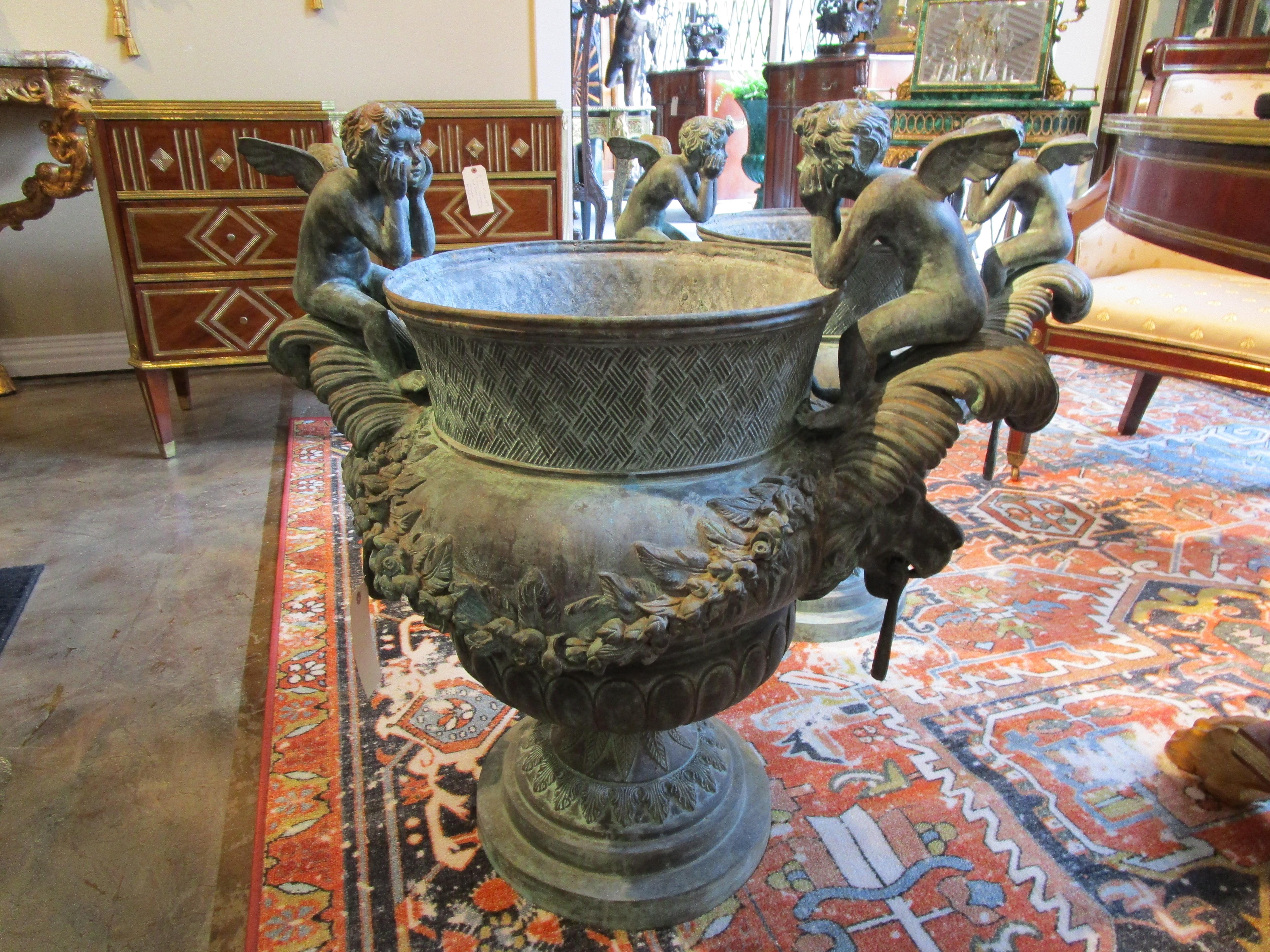 Renaissance Revival Large Pair of French Bronze Cherub and Lions Head Garden Urns