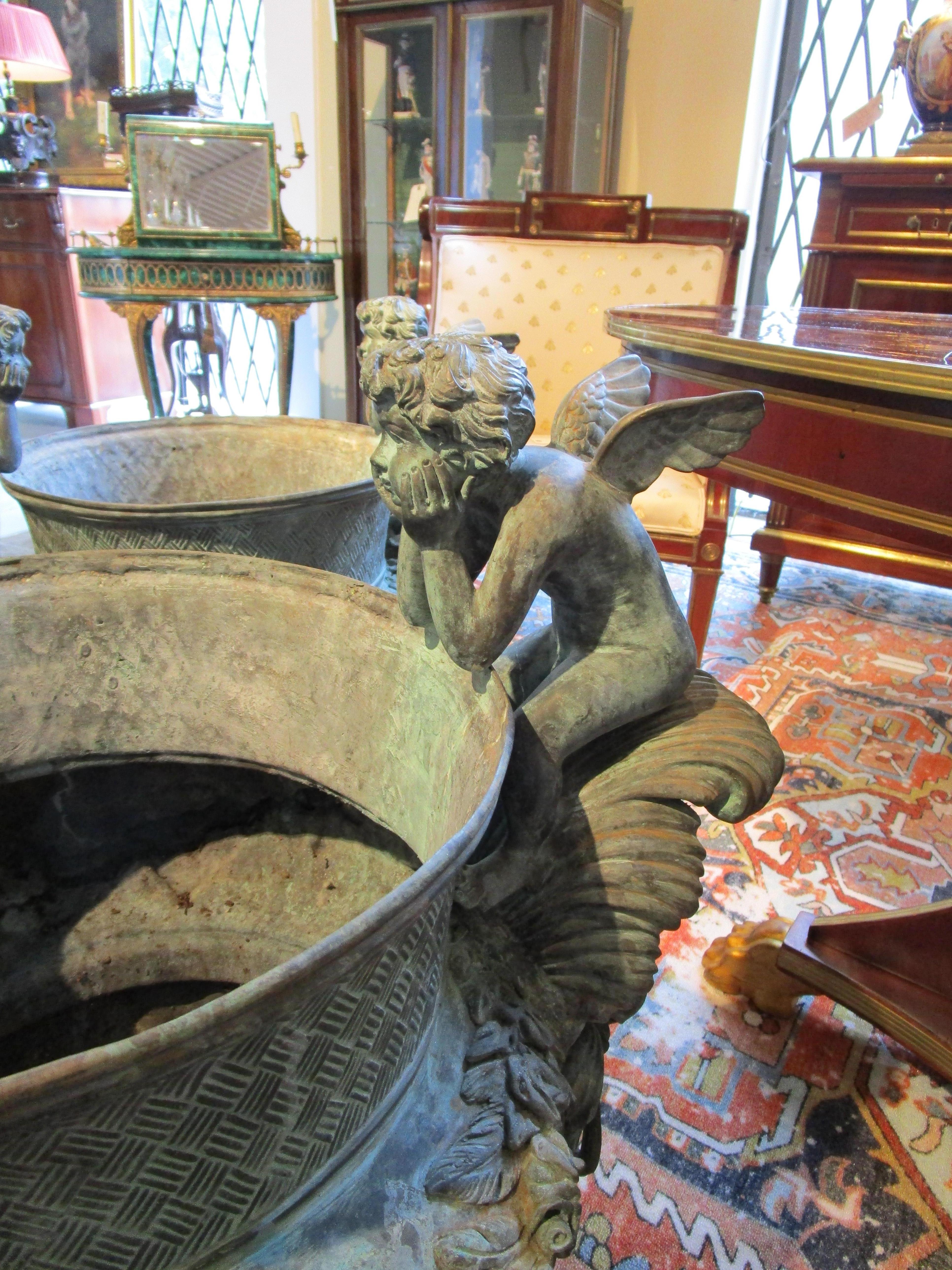 Cast Large Pair of French Bronze Cherub and Lions Head Garden Urns