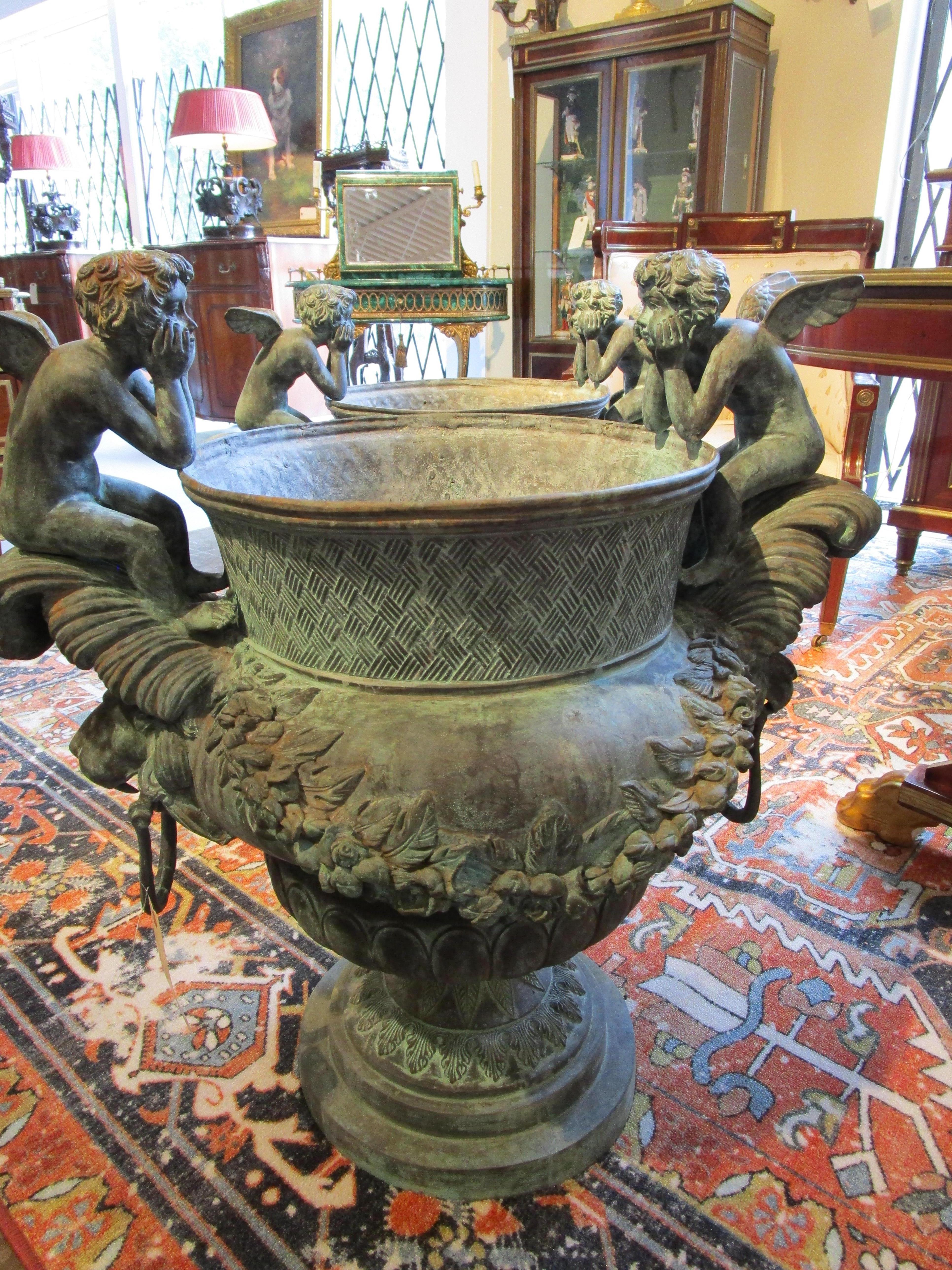 Large Pair of French Bronze Cherub and Lions Head Garden Urns 1