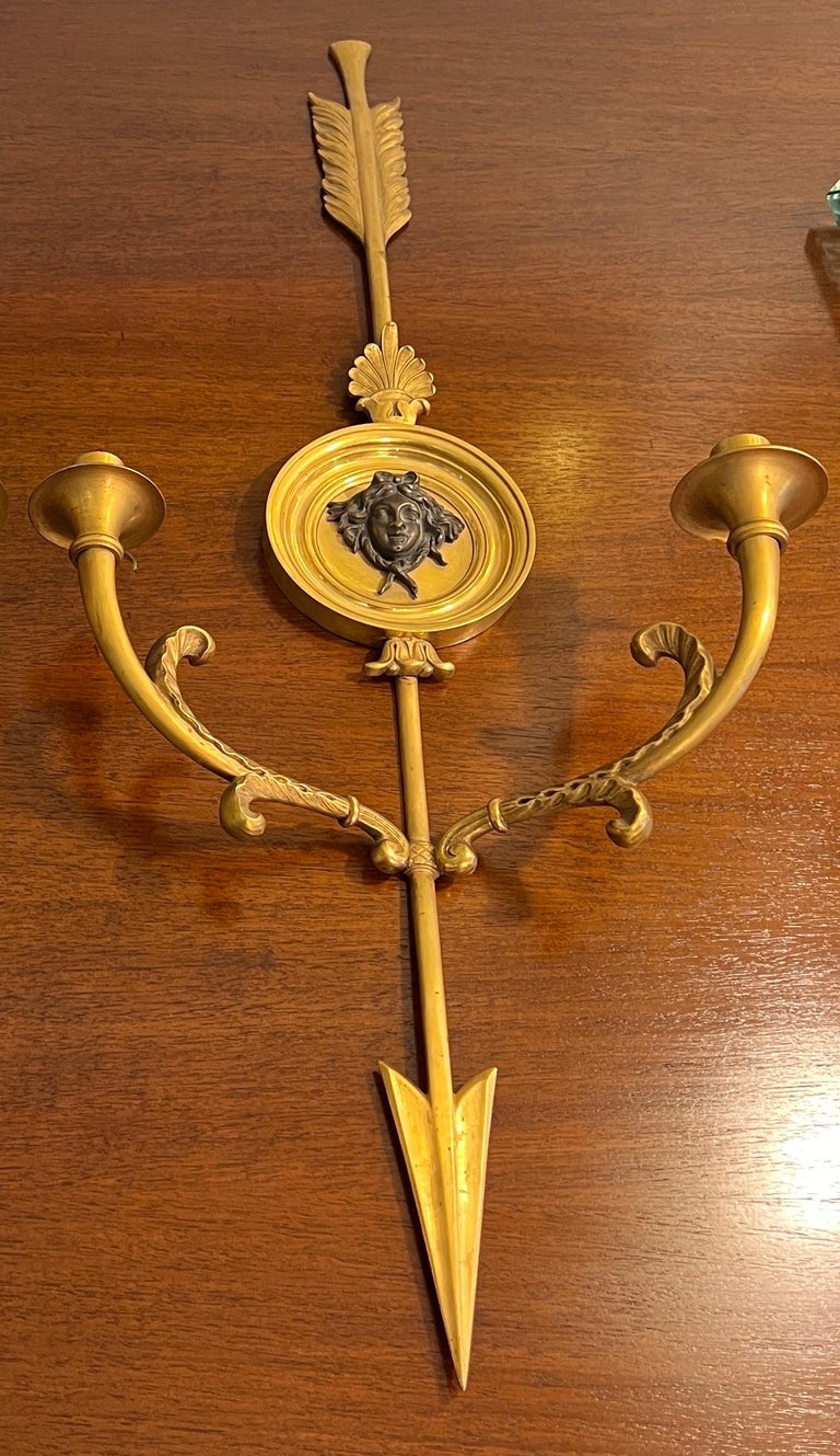 Large Pair of French Gilded Bronze Arrow Sconces For Sale at 1stDibs