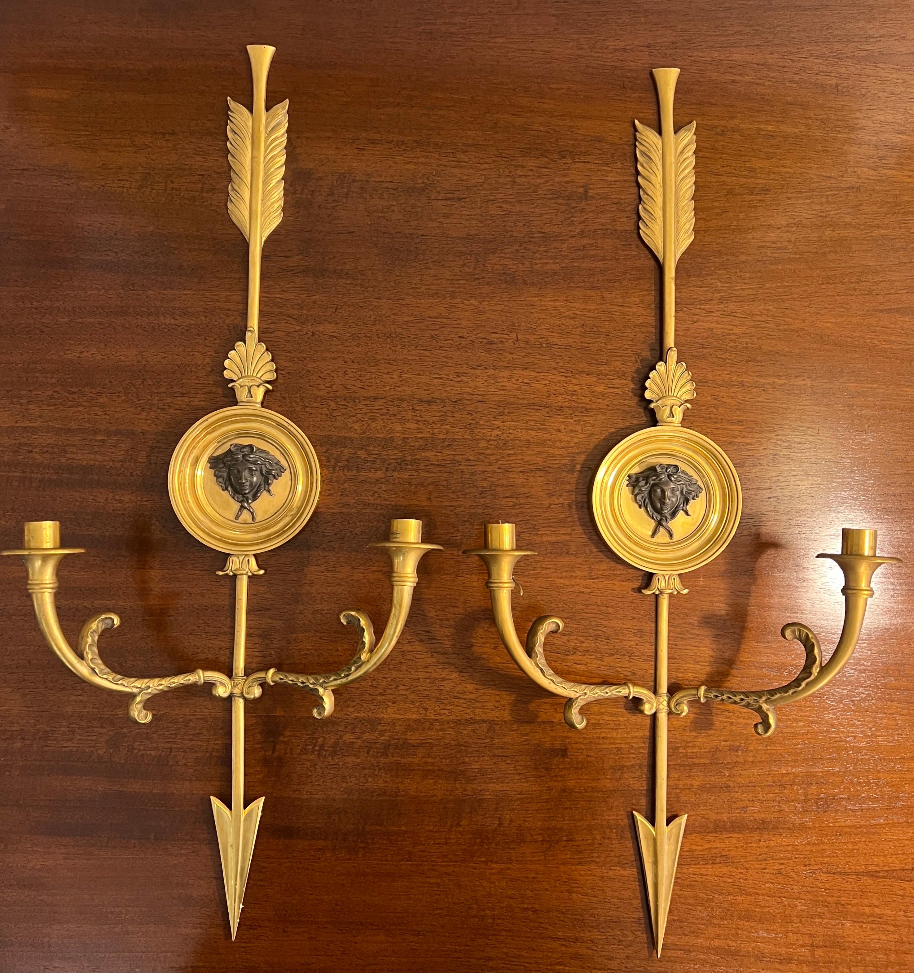 Large Pair of French Gilded Bronze Arrow Sconces  For Sale 2