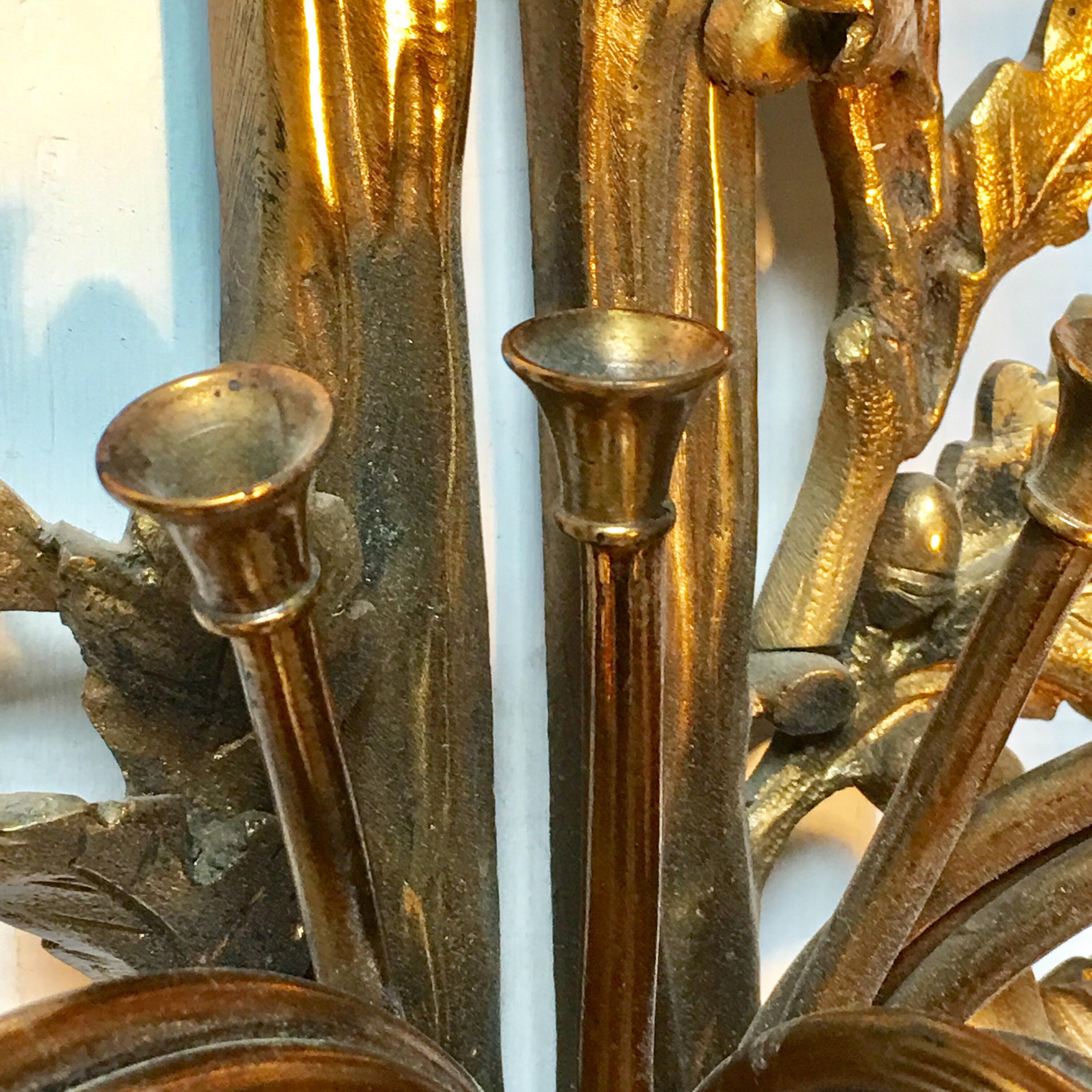 Large Pair of French Louis XVI Style Bronze Wall Sconces For Sale 5