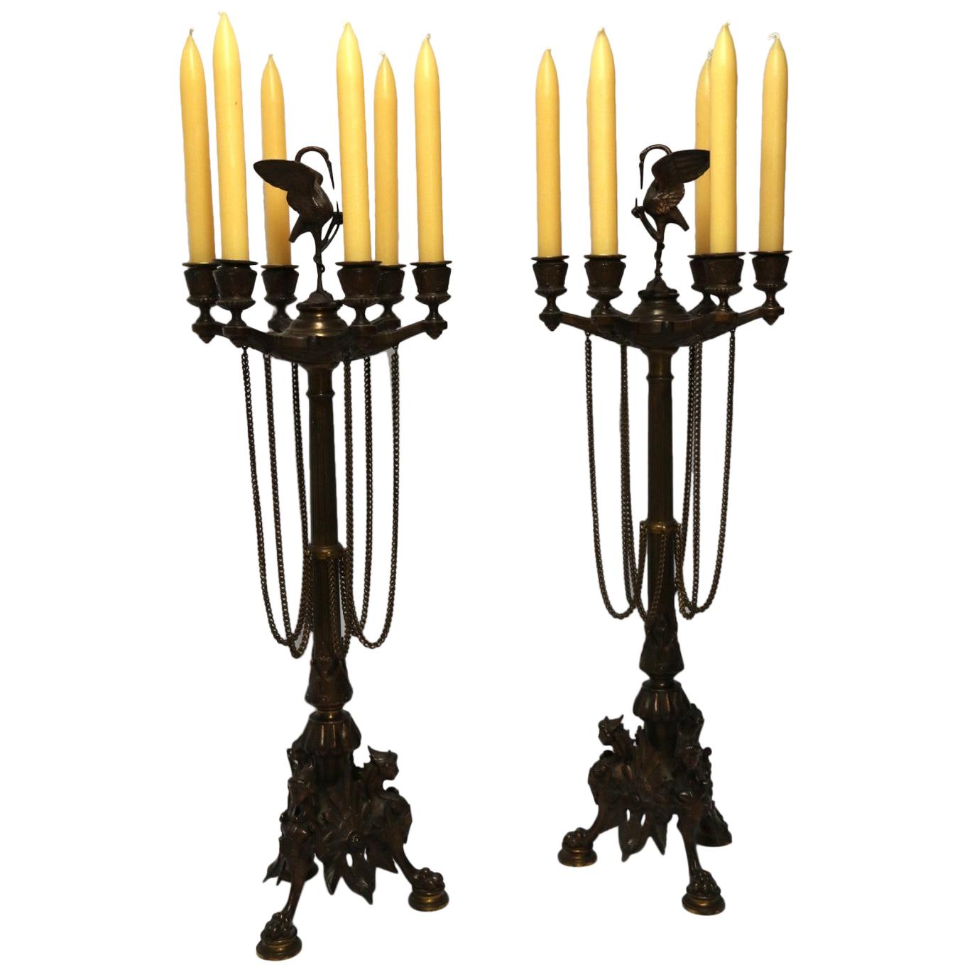 Large Pair of French Mid-19th Century Gothic Style Bronze 6 Branch Candelabra For Sale