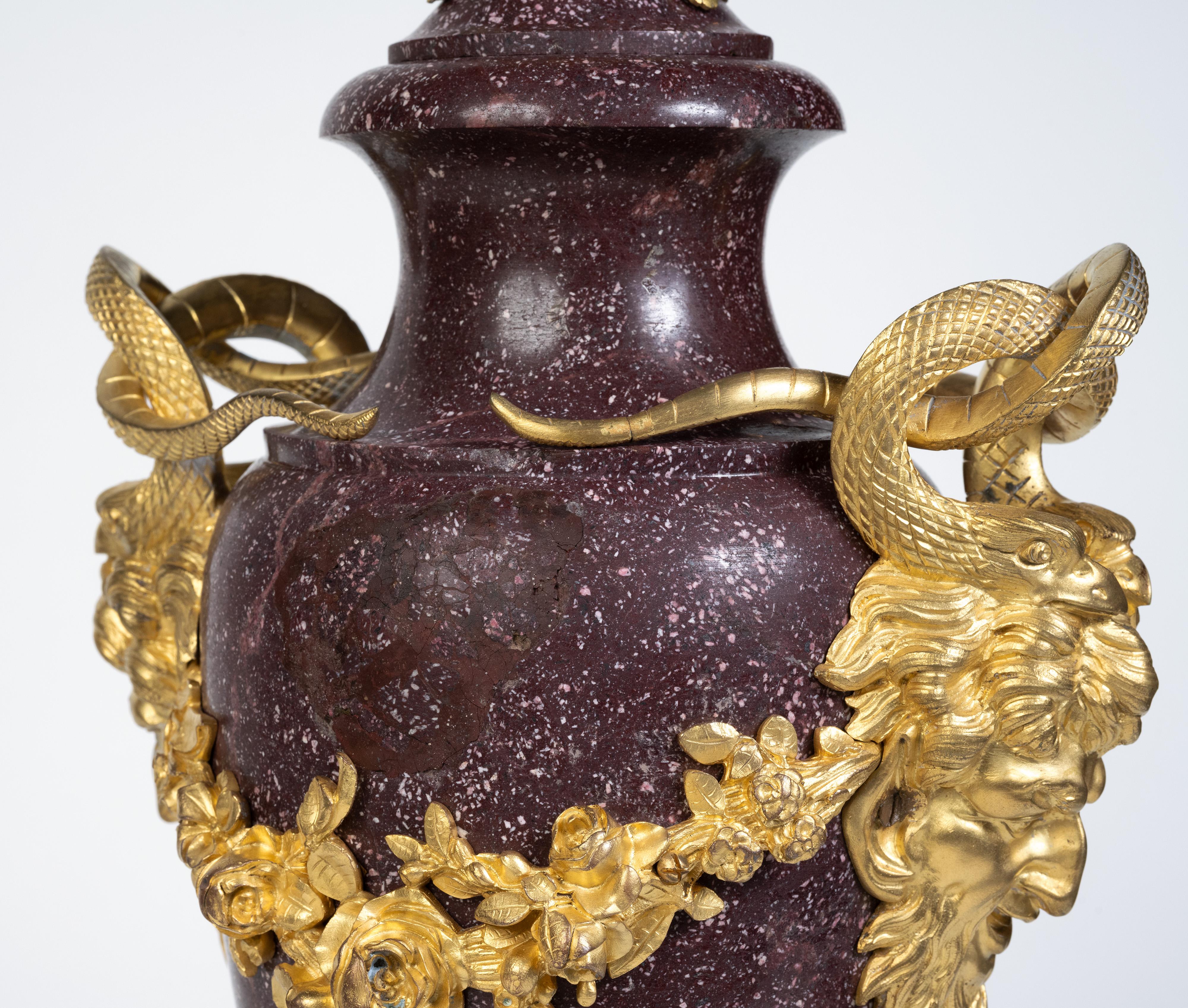 A Large Pair of French Ormolu-Mounted Porphyry Vases For Sale 6