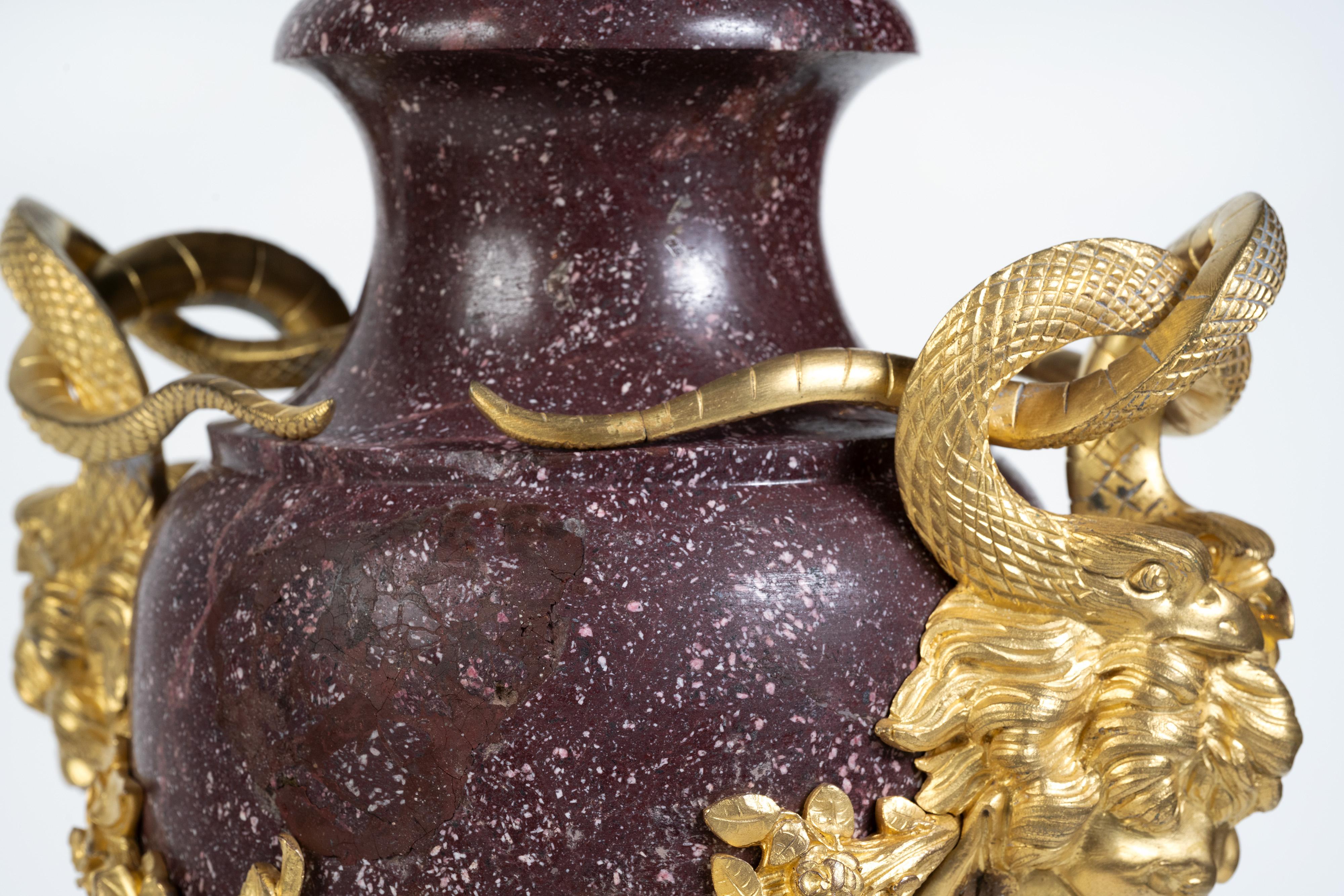 A Large Pair of French Ormolu-Mounted Porphyry Vases For Sale 7