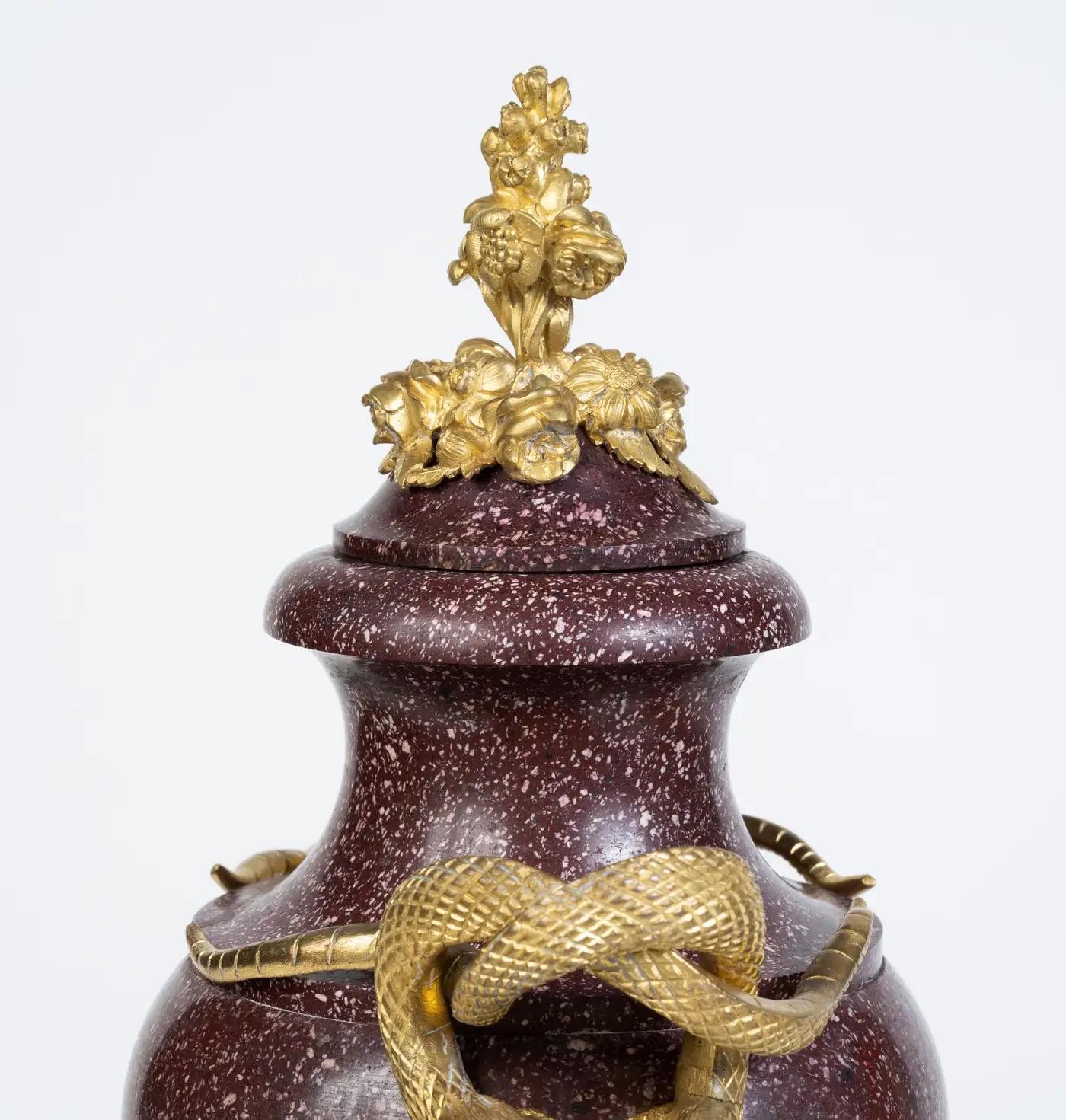 Japanese A Large Pair of French Ormolu-Mounted Porphyry Vases For Sale