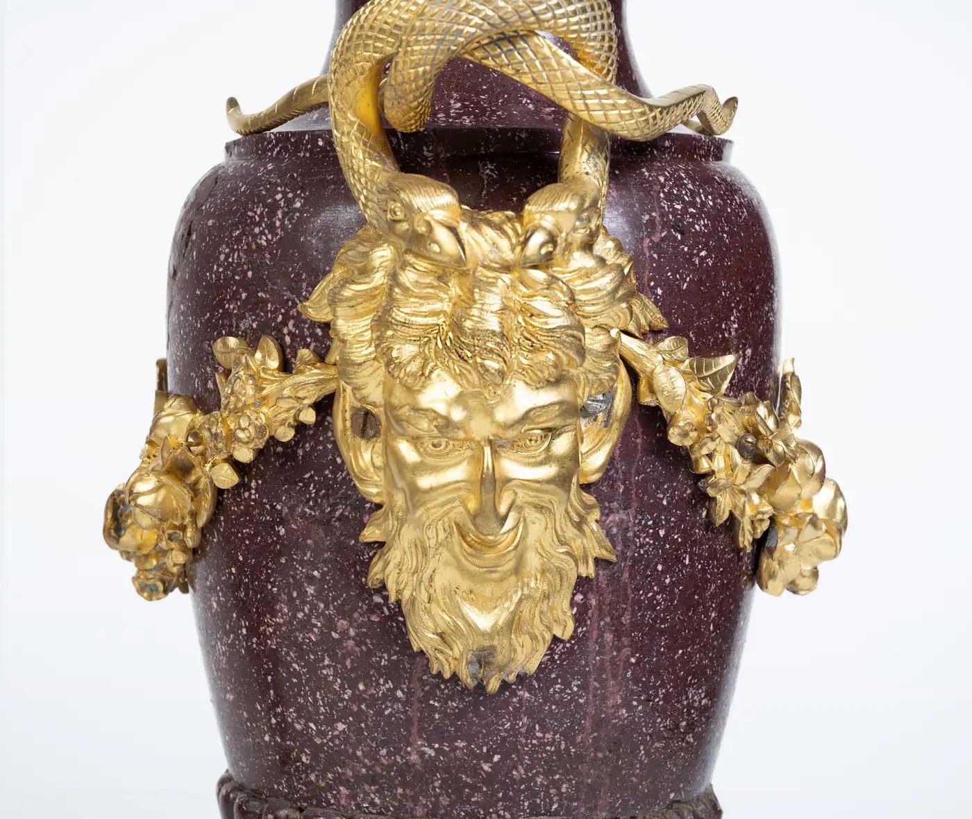 A Large Pair of French Ormolu-Mounted Porphyry Vases In Good Condition For Sale In Long Island City, NY