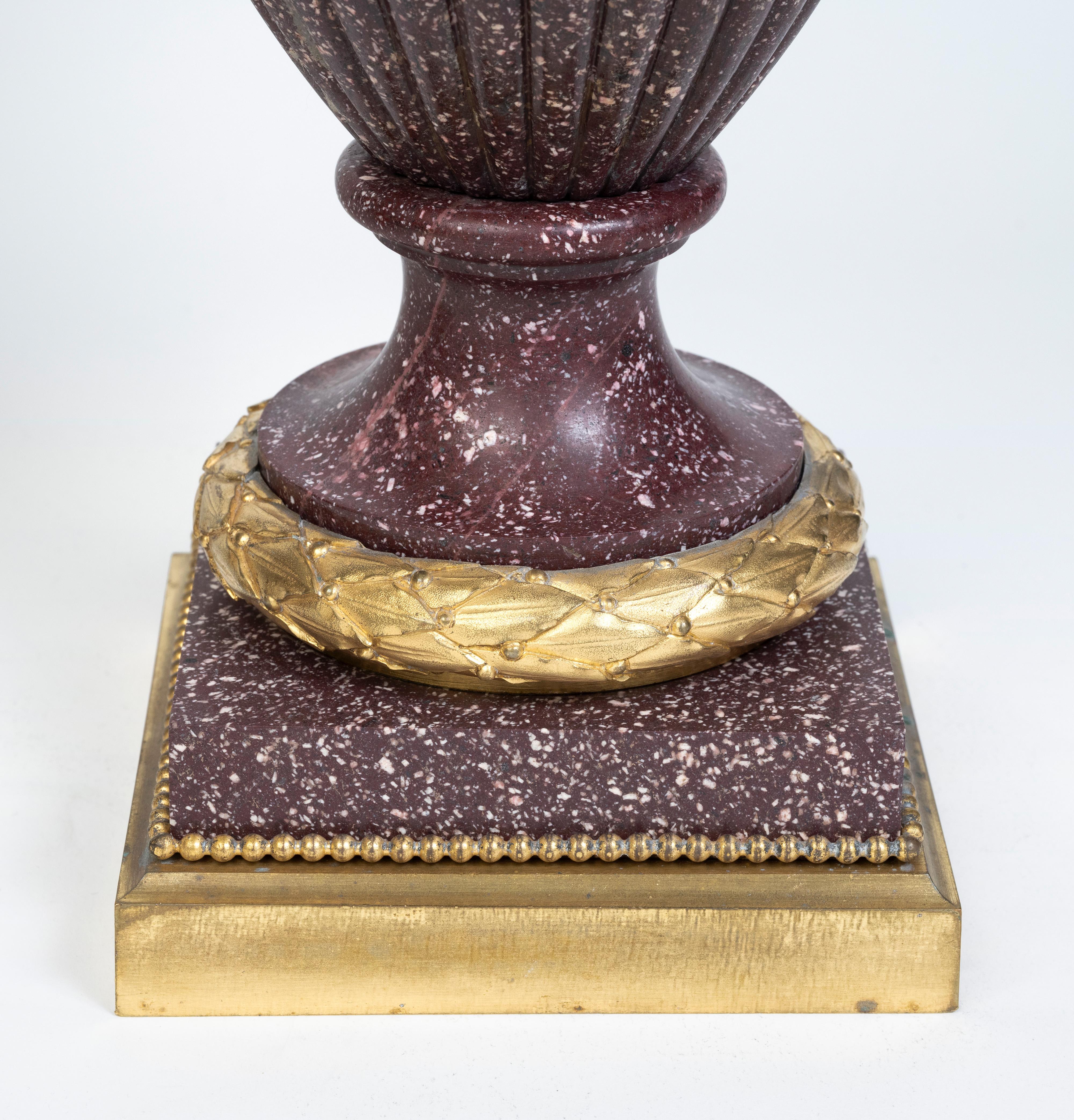 19th Century A Large Pair of French Ormolu-Mounted Porphyry Vases For Sale