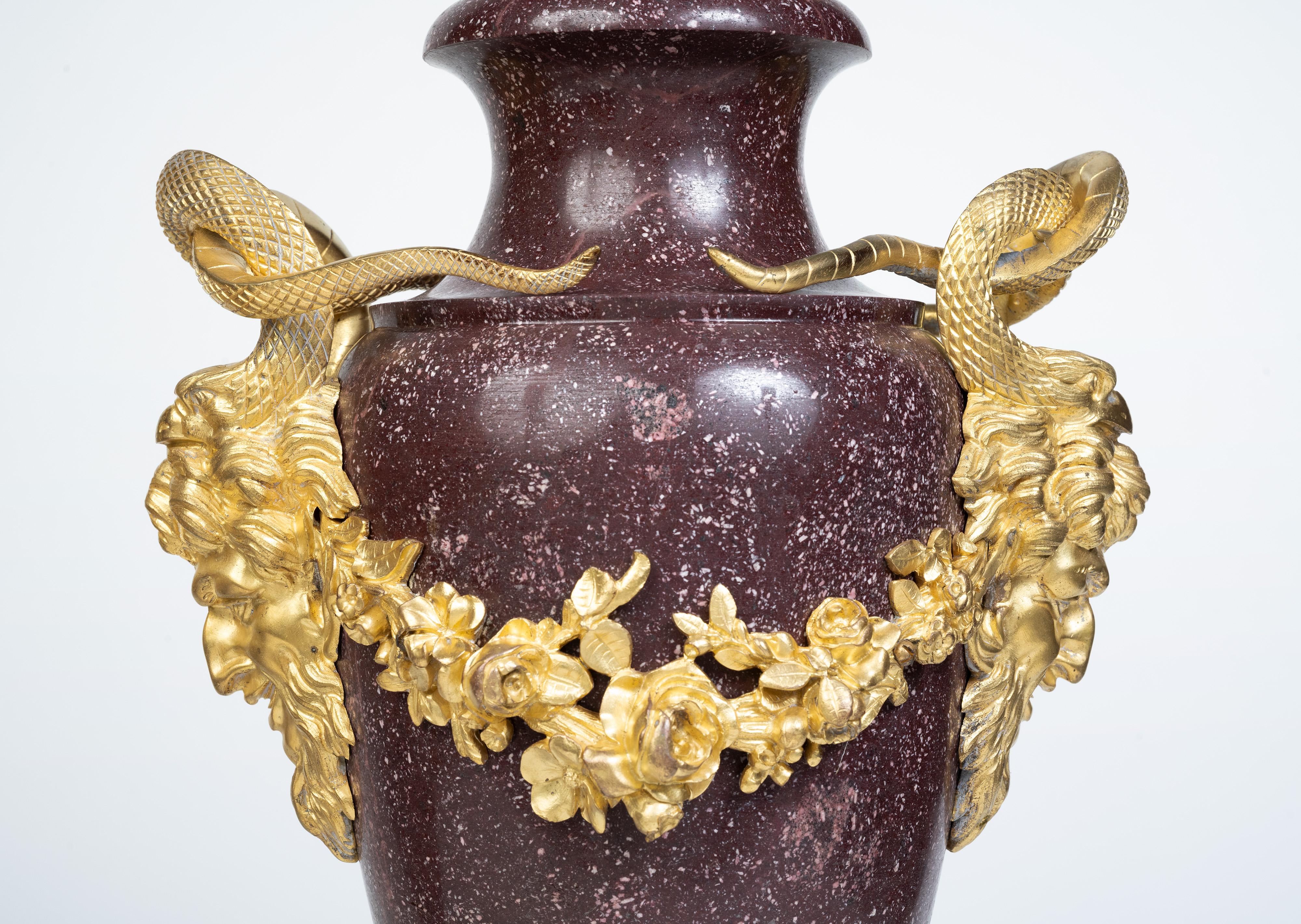 A Large Pair of French Ormolu-Mounted Porphyry Vases For Sale 1