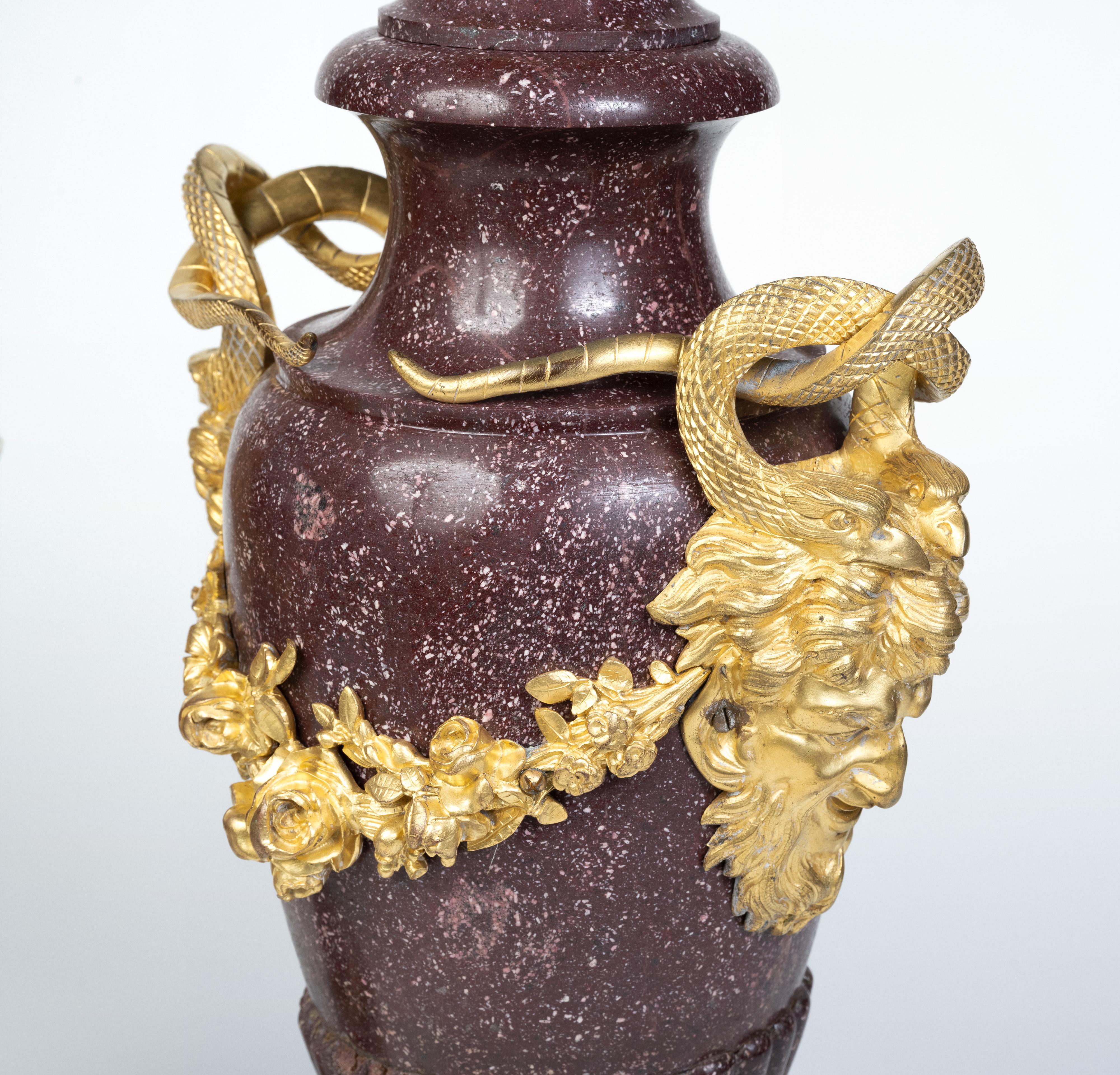 A Large Pair of French Ormolu-Mounted Porphyry Vases For Sale 2