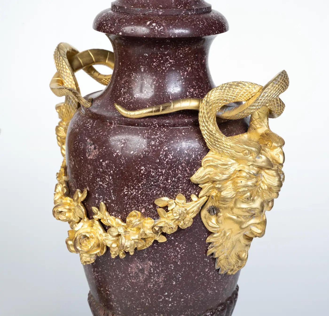 A Large Pair of French Ormolu-Mounted Porphyry Vases For Sale 2