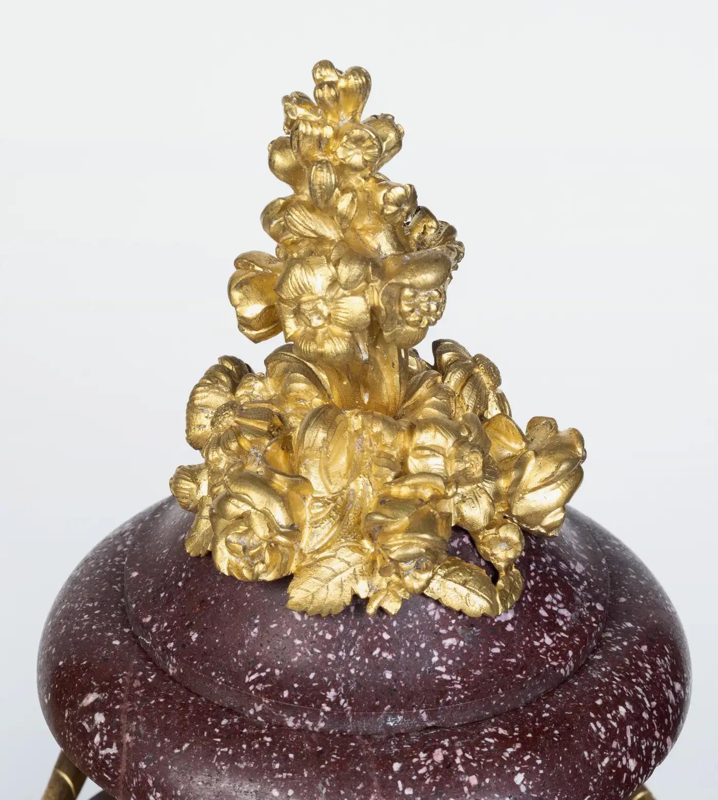 A Large Pair of French Ormolu-Mounted Porphyry Vases For Sale 3