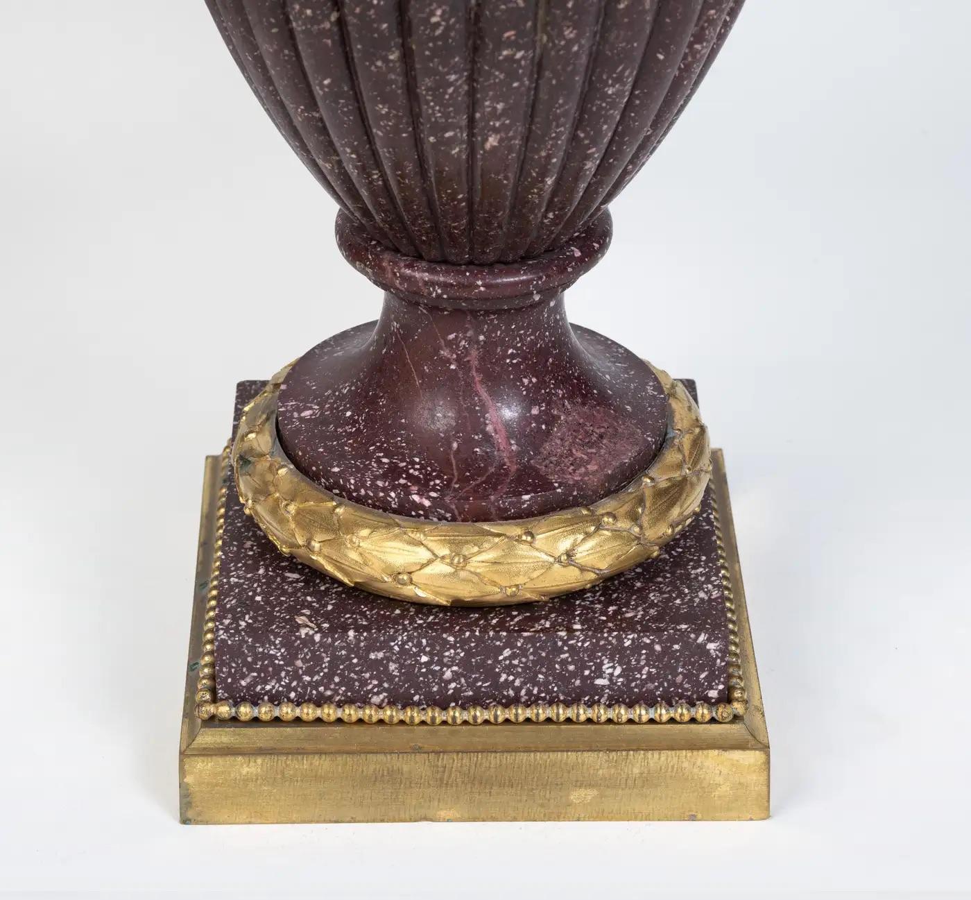 A Large Pair of French Ormolu-Mounted Porphyry Vases For Sale 4