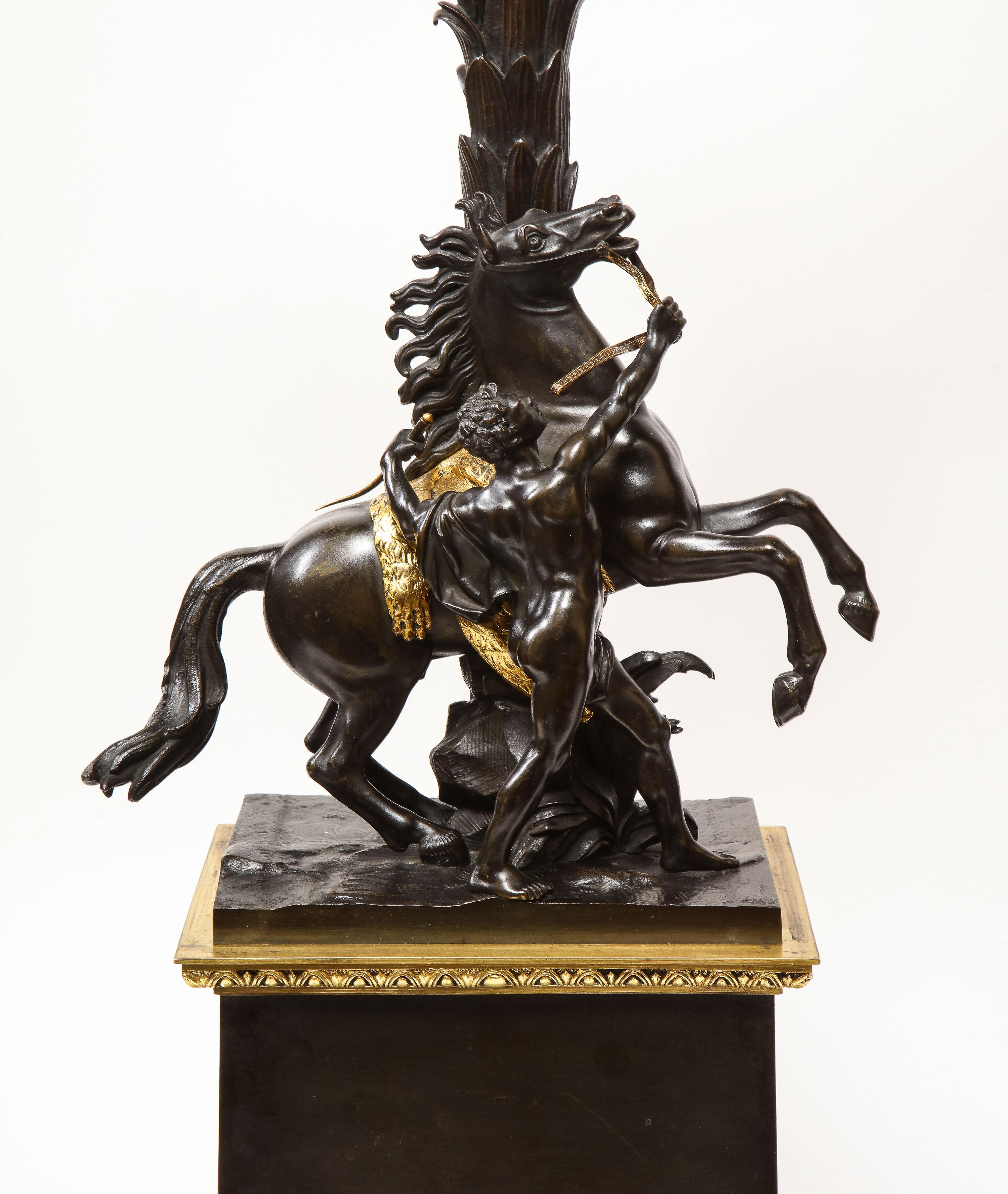 19th Century Large Pair of French Restauration Ormolu and Patinated Bronze Candelabra, Horses