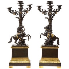 Antique Large Pair of French Restauration Ormolu and Patinated Bronze Candelabra, Horses