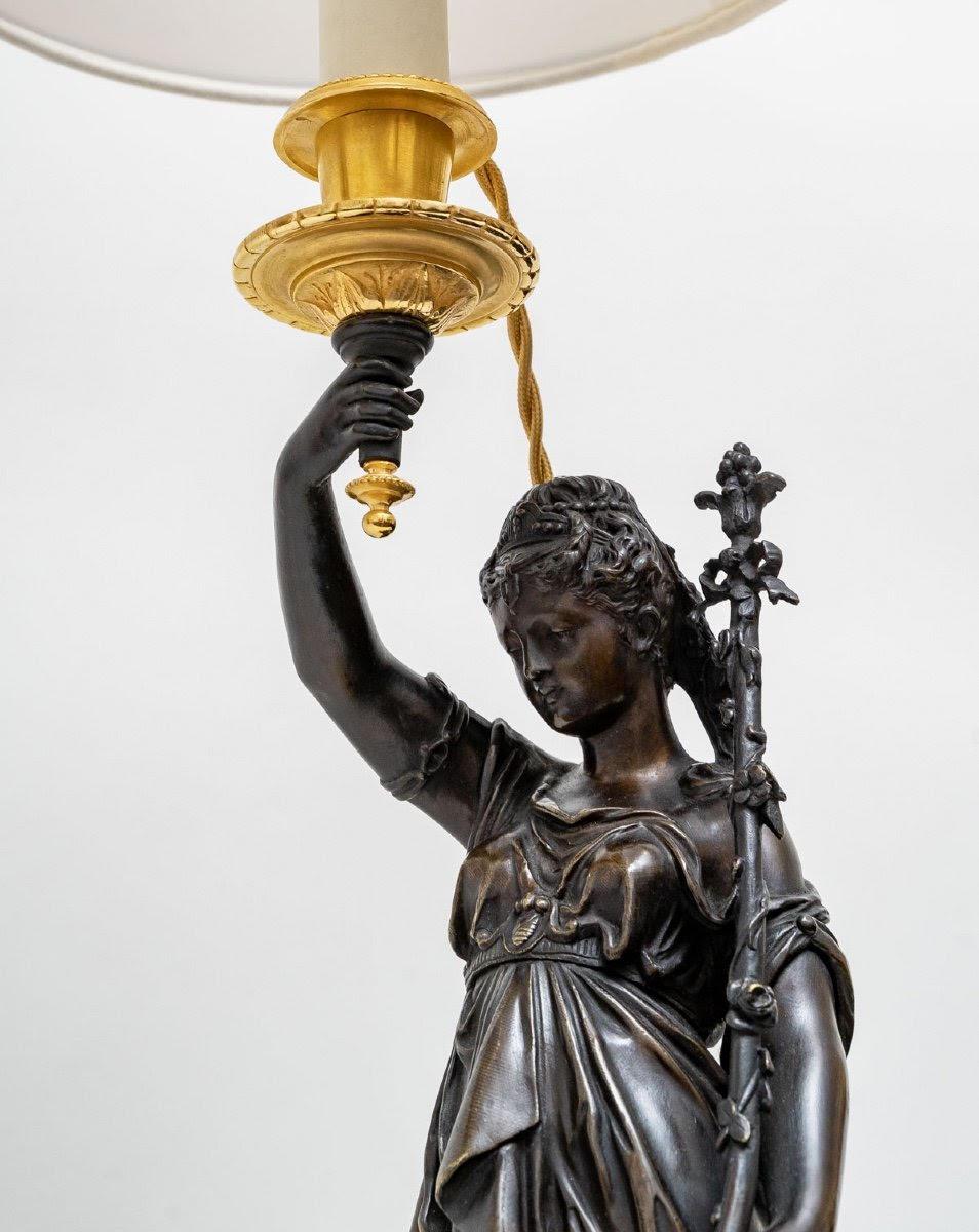 French A Large Pair of Gilt and Patinated Bronze Table Lamps, Napoleon III Period.