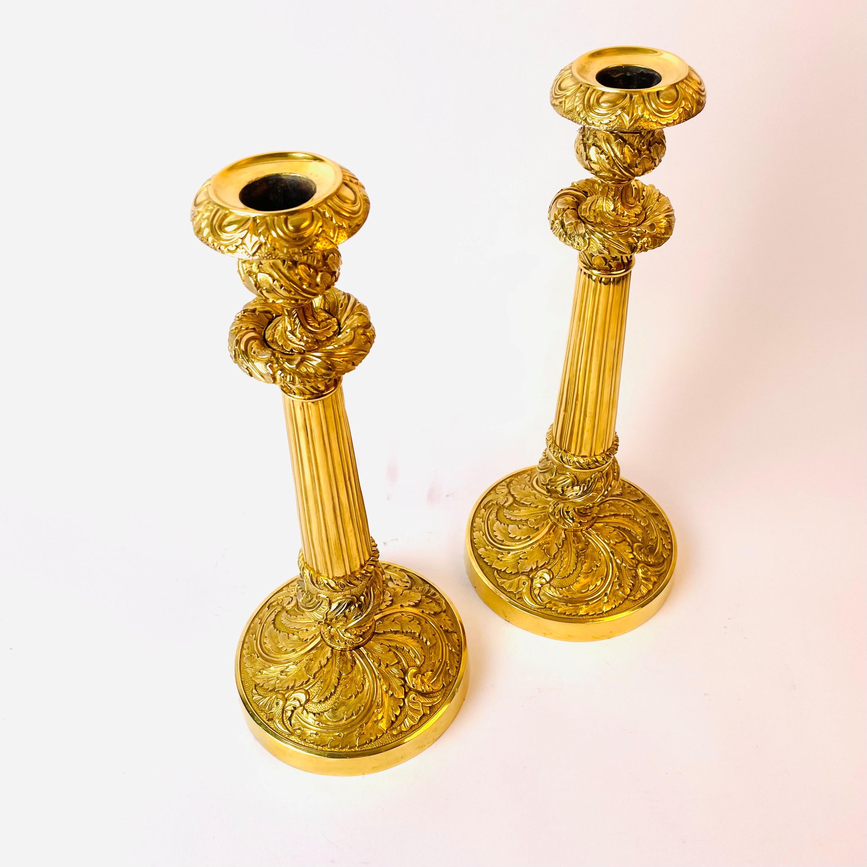 Large Pair of Gilt Bronze Candlesticks in French Empire, circa 1820 In Good Condition In Knivsta, SE