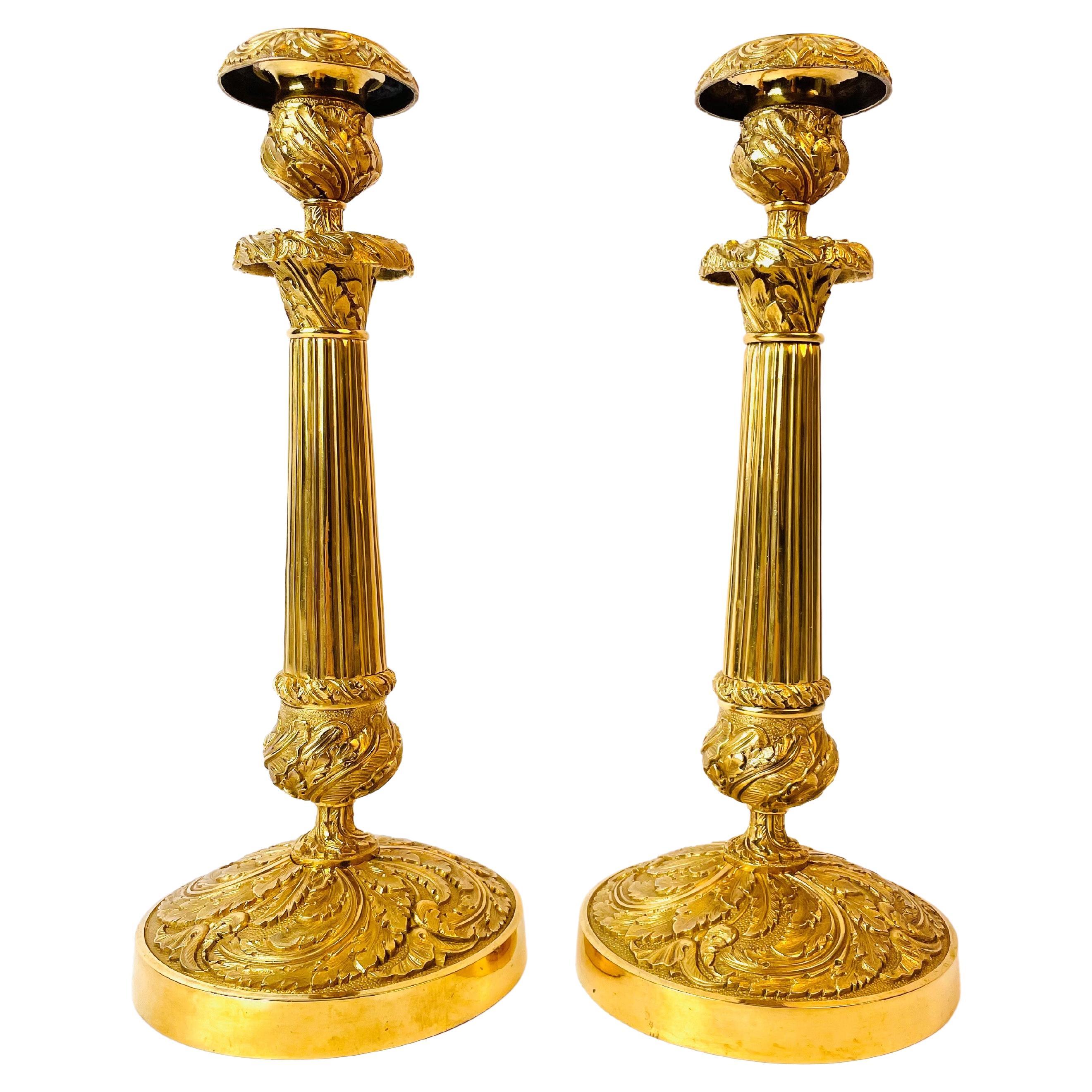 Large Pair of Gilt Bronze Candlesticks in French Empire, circa 1820