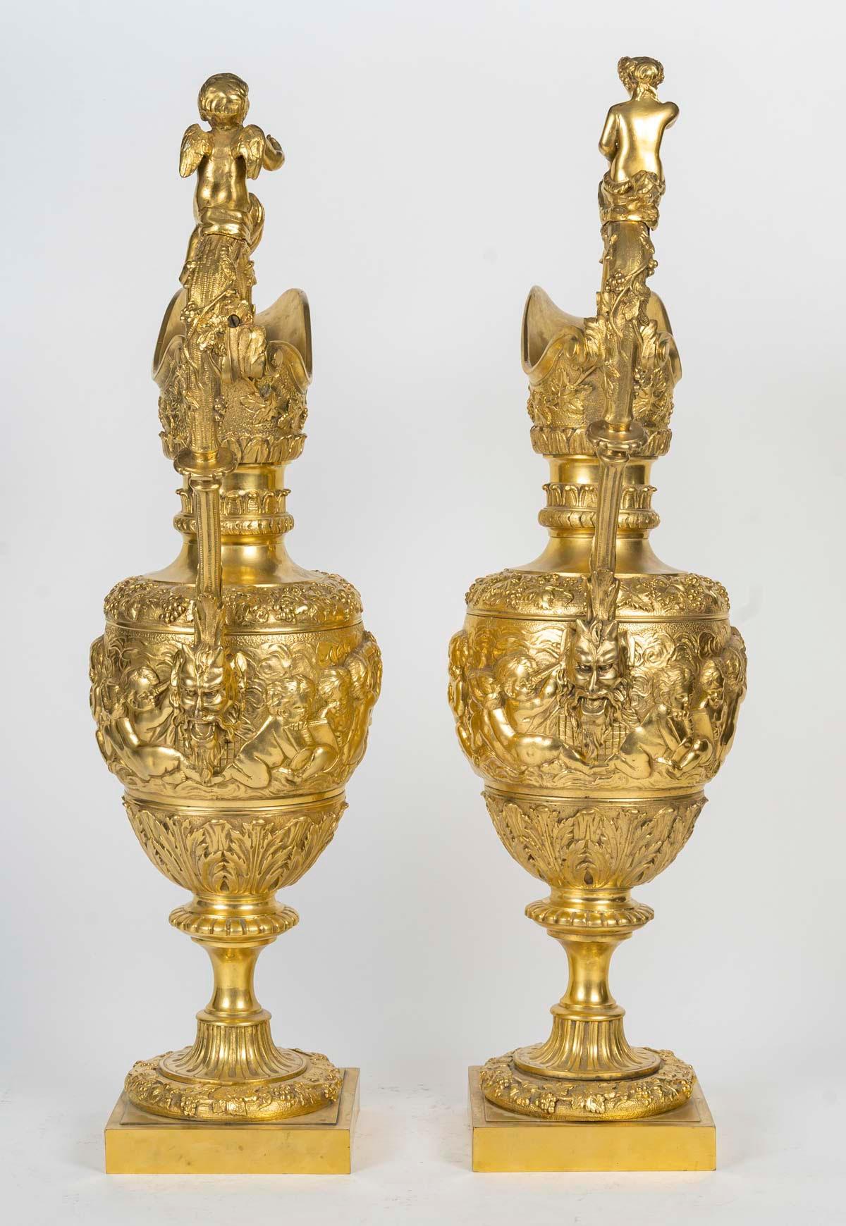 A Large Pair of Gilt Bronze Ewers in the Louis XIV Style, 19th Century. For Sale 2