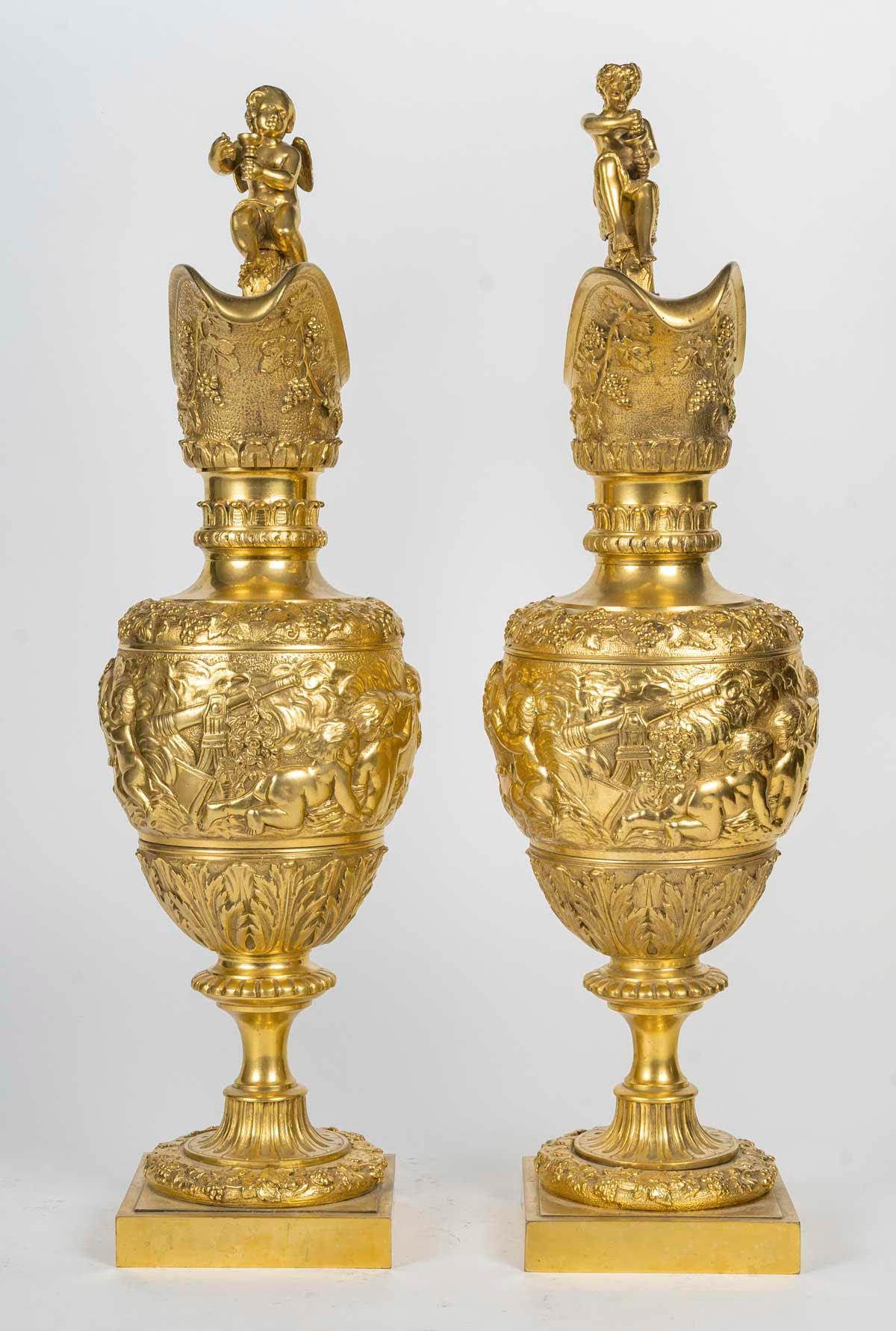 A Large Pair of Gilt Bronze Ewers in the Louis XIV Style, 19th Century. For Sale 4