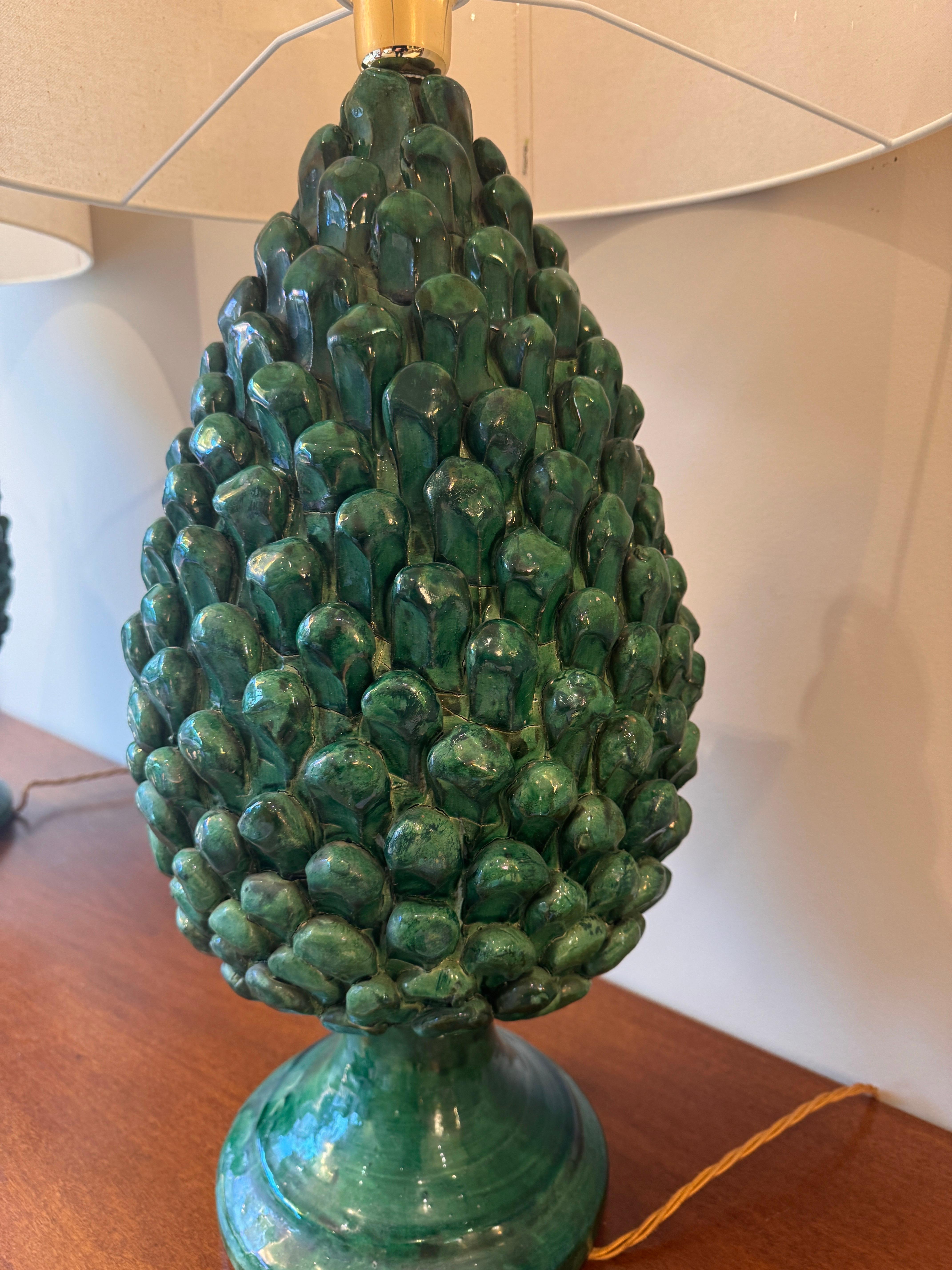 A large pair of glazed ceramic pine cones table lamps For Sale 4