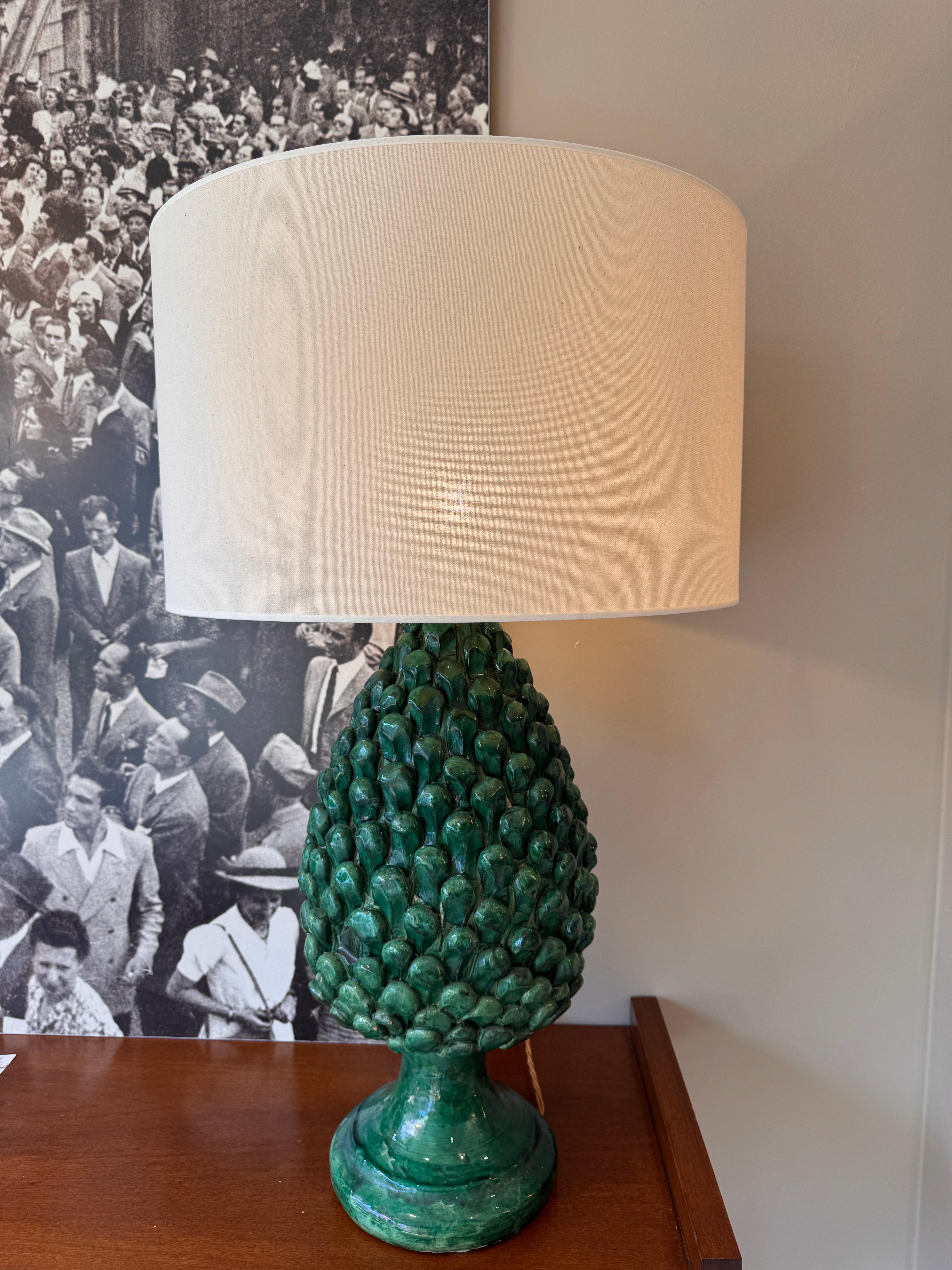 A large pair of glazed ceramic pine cones table lamps For Sale 5