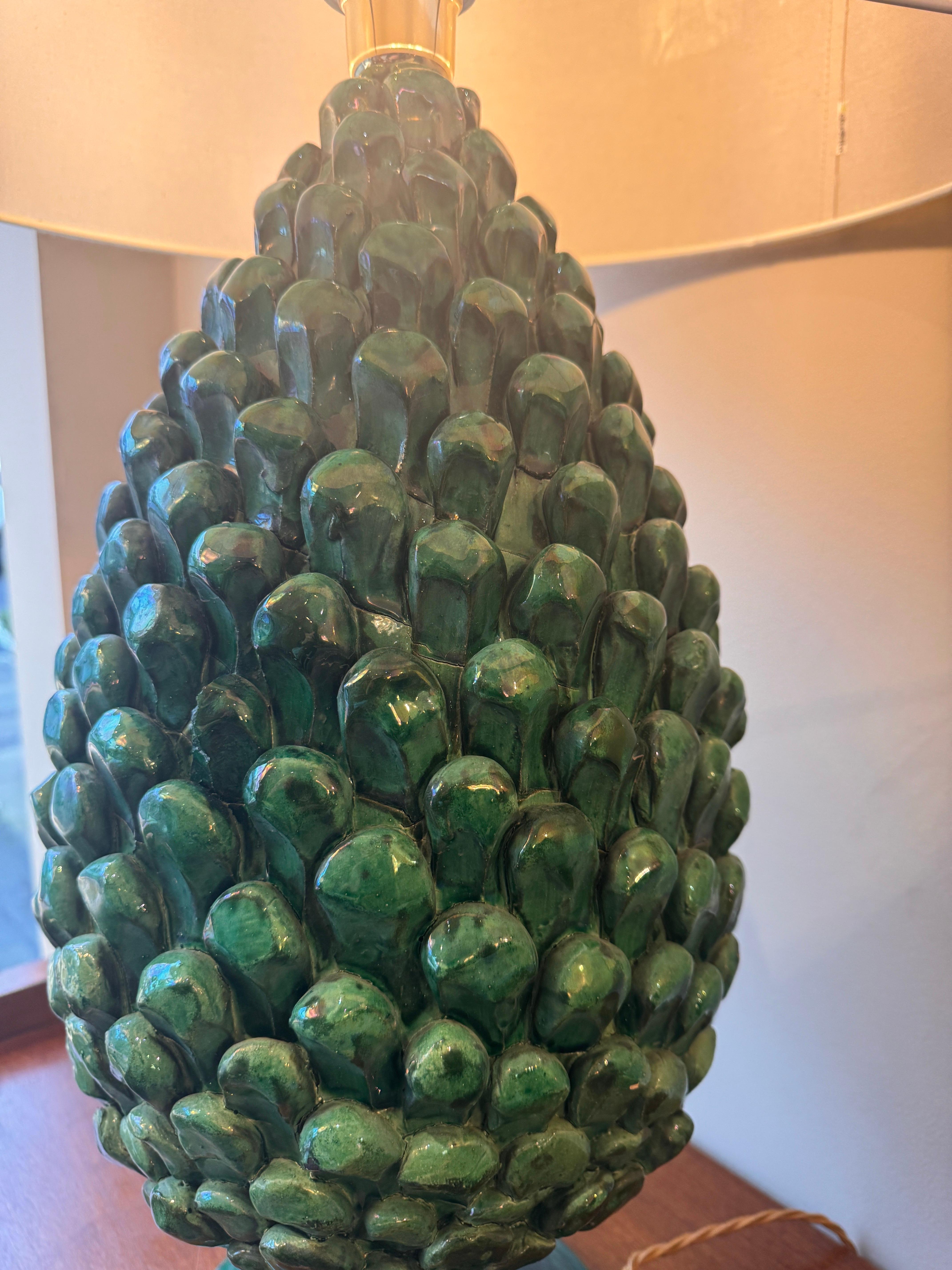 Italian A large pair of glazed ceramic pine cones table lamps For Sale