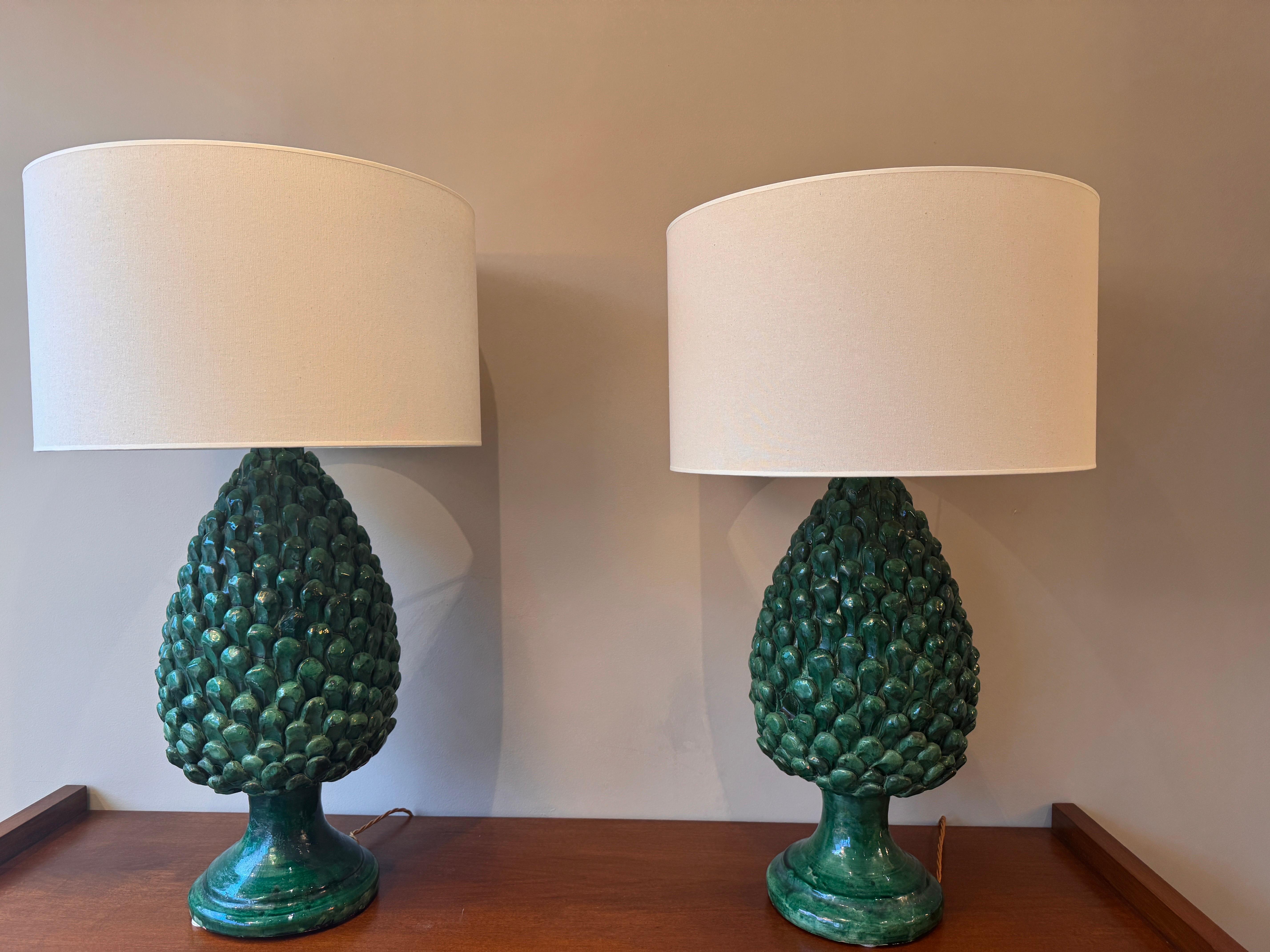 A large pair of glazed ceramic pine cones table lamps For Sale 2