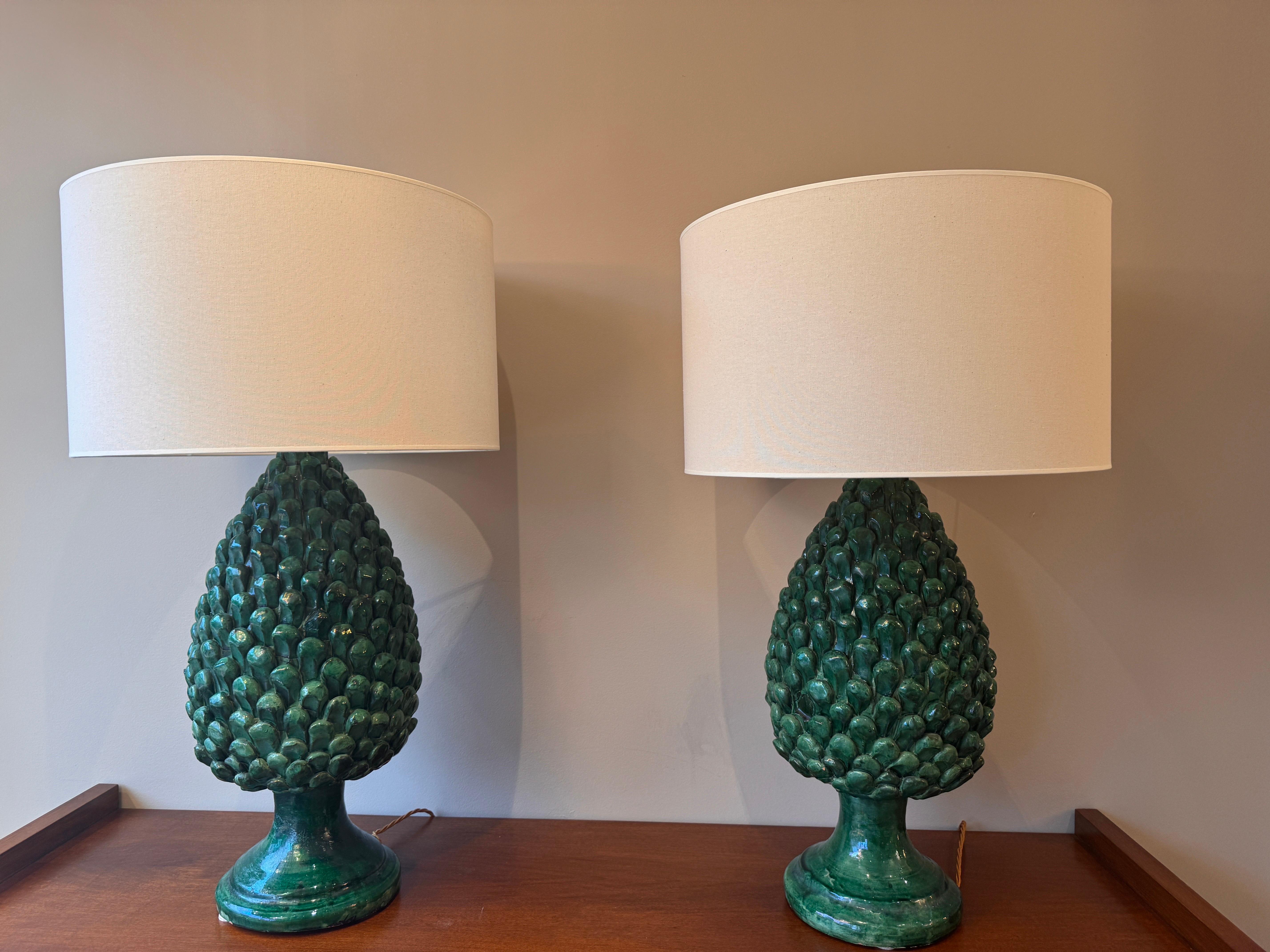 A large pair of glazed ceramic pine cones table lamps For Sale 3