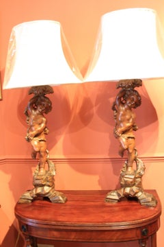 Large Pair of  Hand Carved Pine Wooden Cherub Lamps, circa 1910