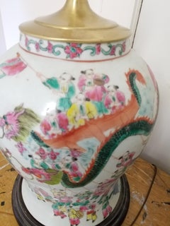 Large Pair of Hand Painted Chinese Porcelain Temple Jars Now as Lamps
