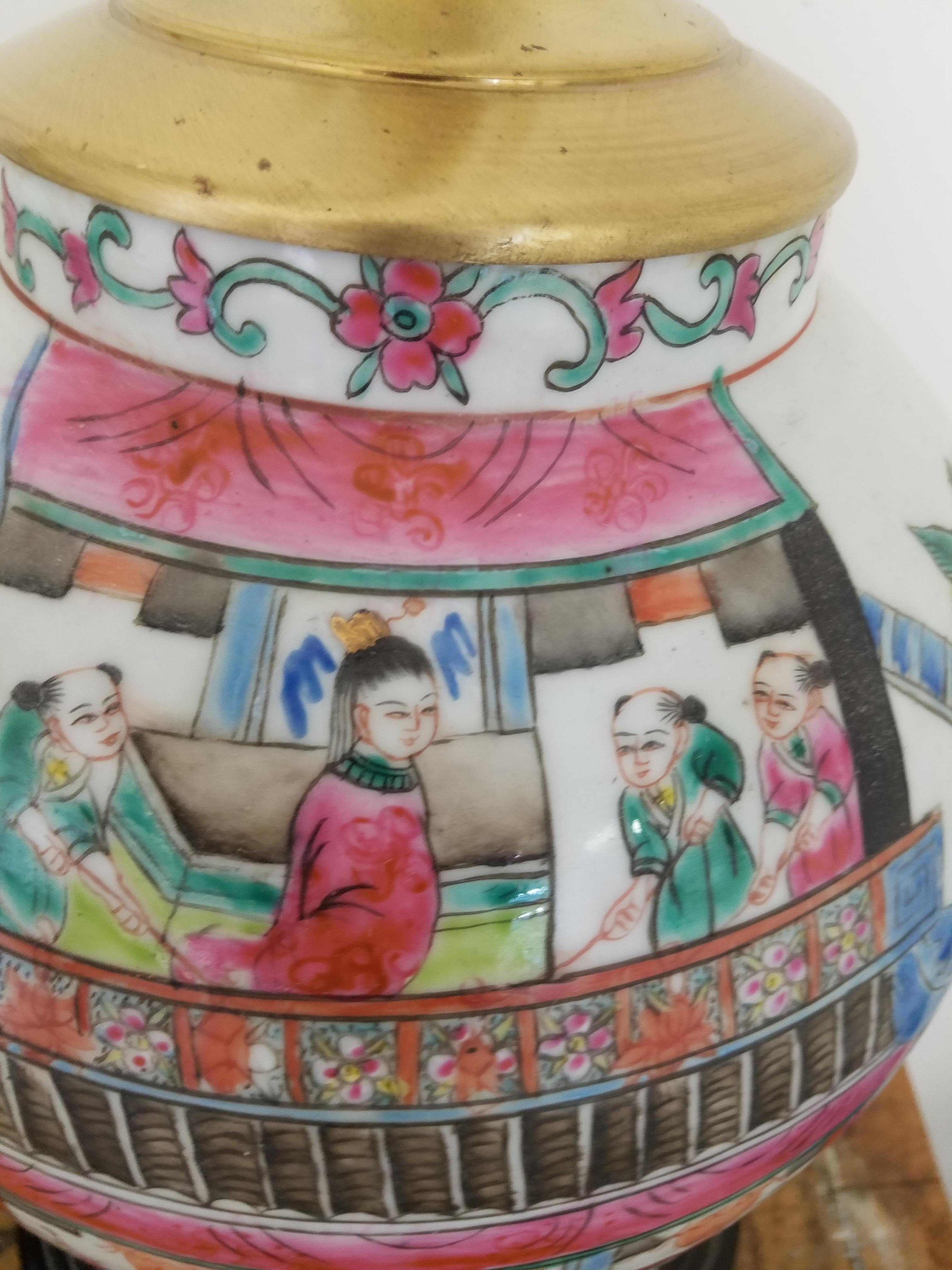 Chinese Export Large Pair of Hand Painted Chinese Porcelain Temple Jars Now as Lamps