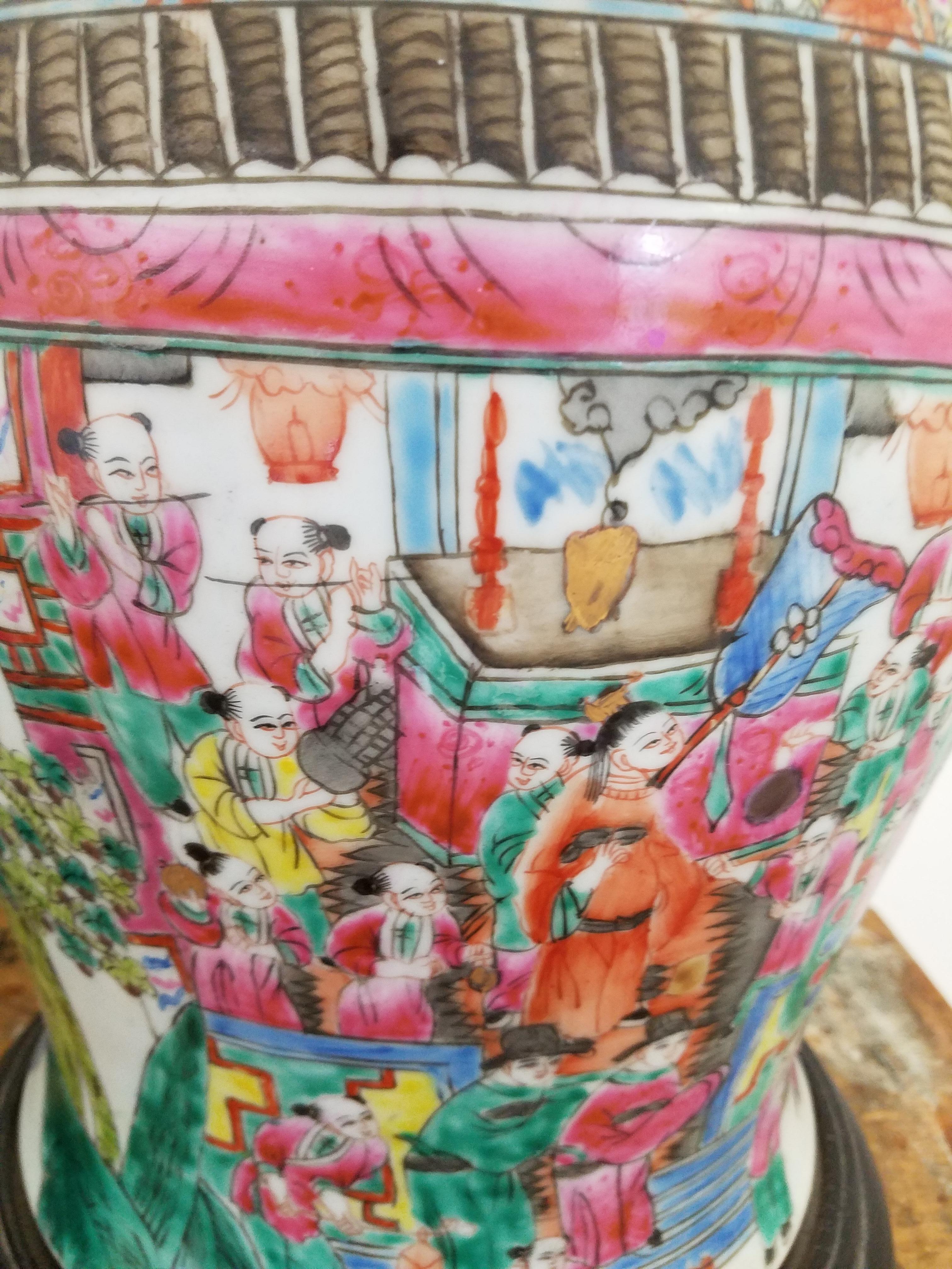 Hand-Painted Large Pair of Hand Painted Chinese Porcelain Temple Jars Now as Lamps