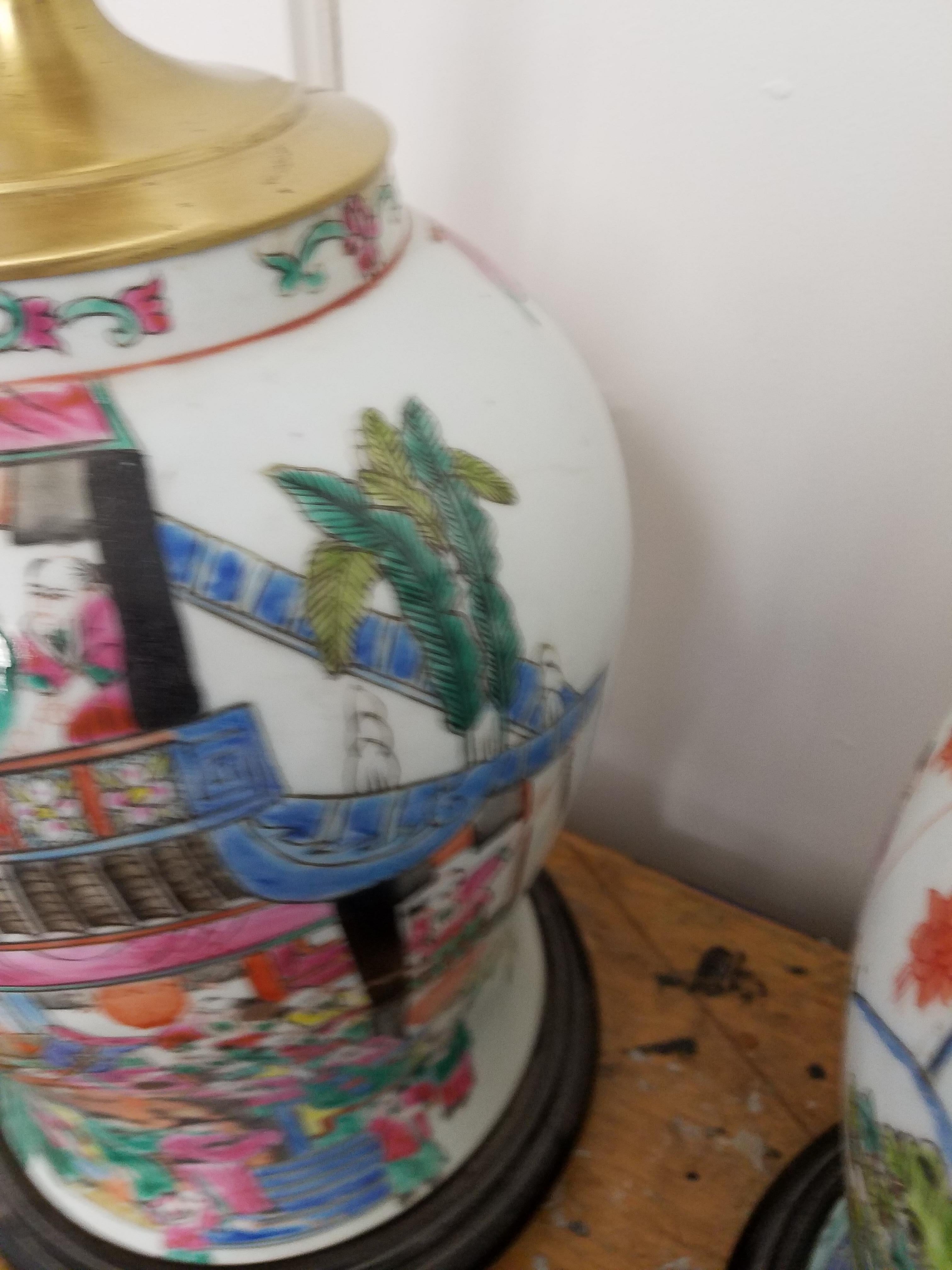 Large Pair of Hand Painted Chinese Porcelain Temple Jars Now as Lamps In Excellent Condition In Lambertville, NJ