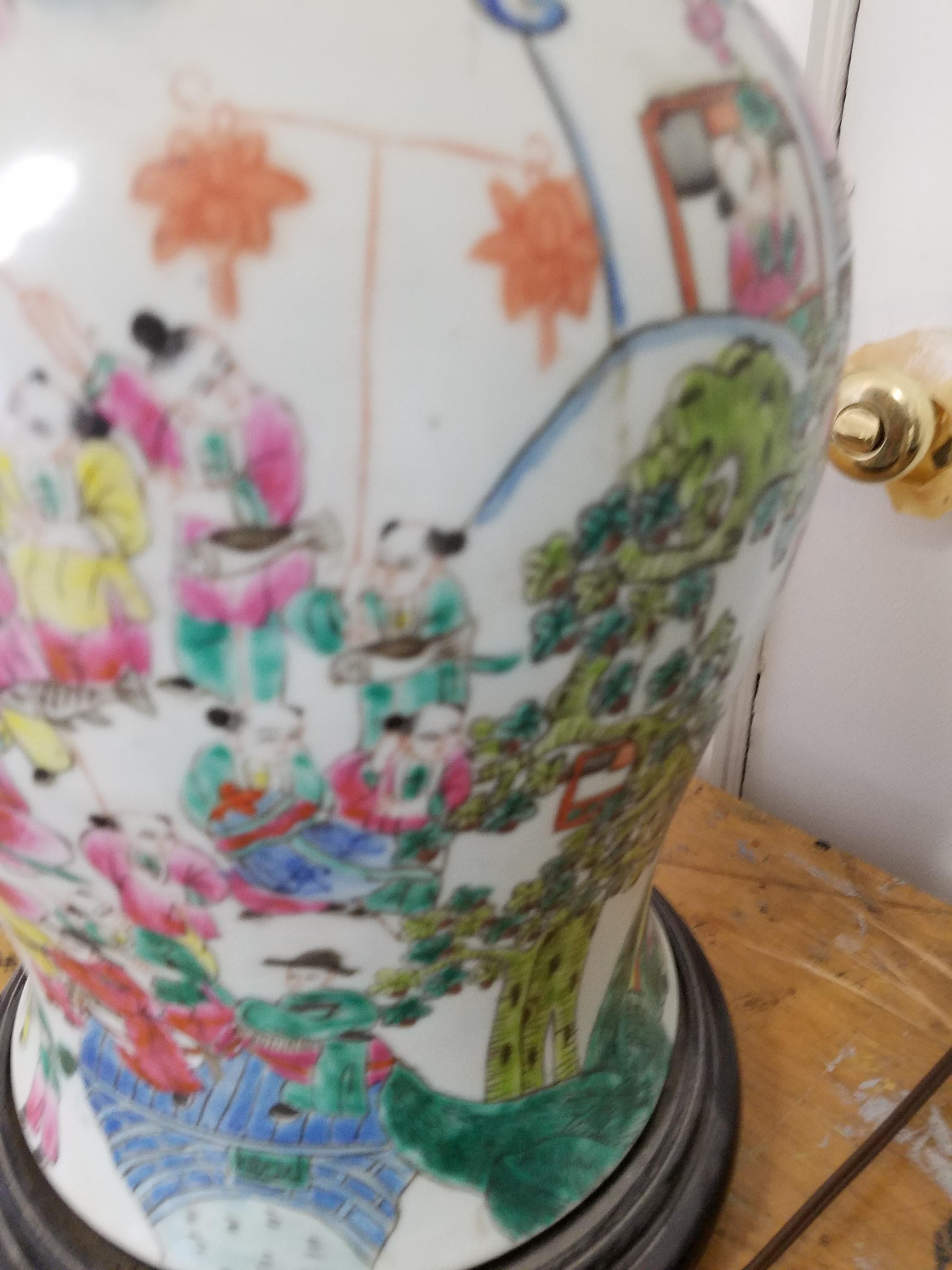 Early 20th Century Large Pair of Hand Painted Chinese Porcelain Temple Jars Now as Lamps