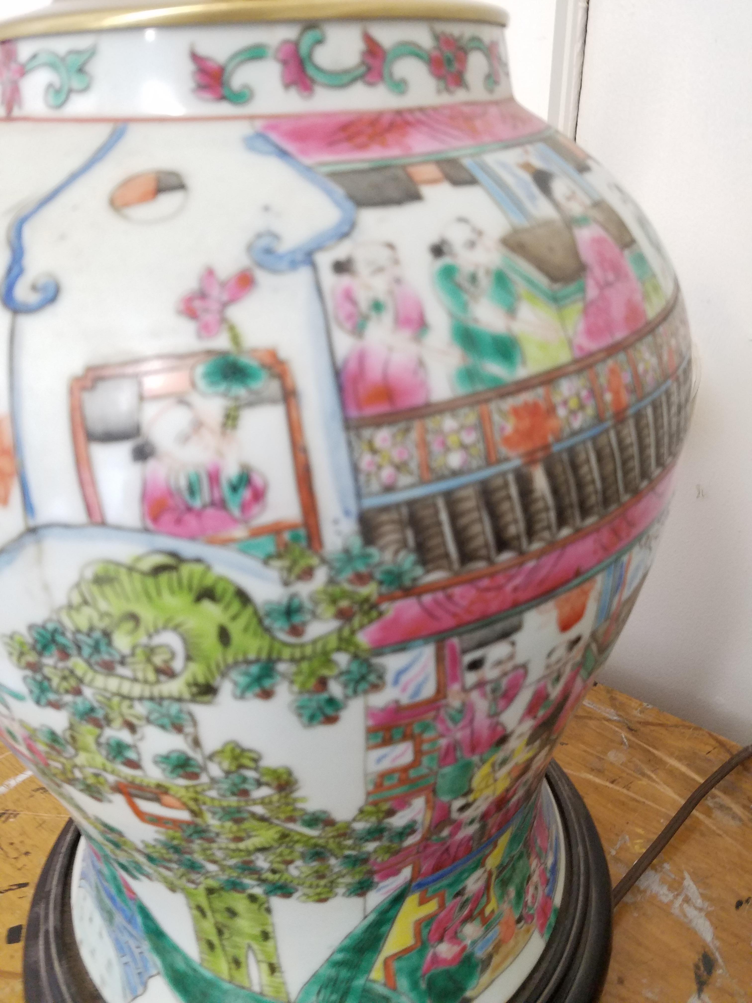 Large Pair of Hand Painted Chinese Porcelain Temple Jars Now as Lamps 1