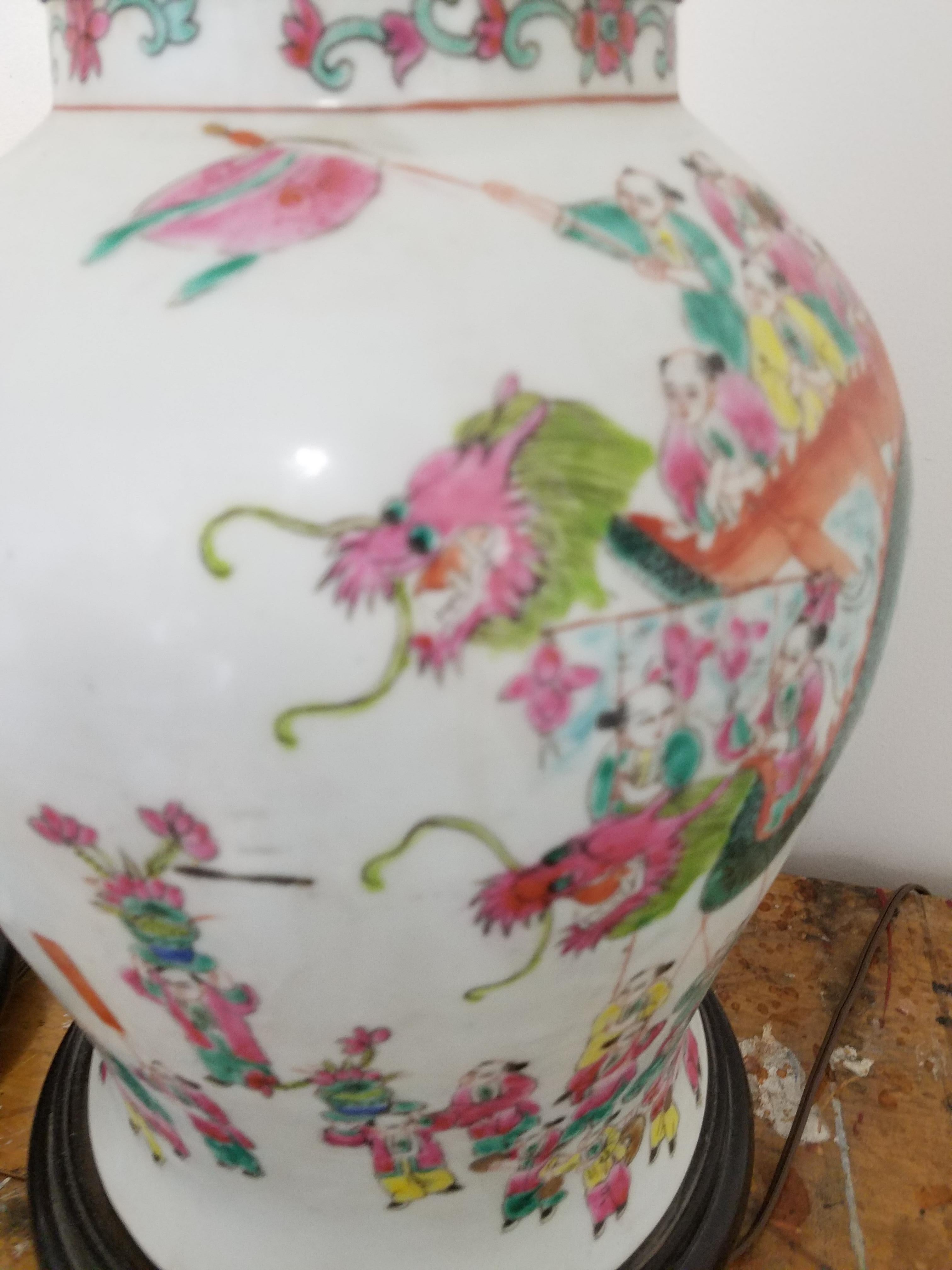 Large Pair of Hand Painted Chinese Porcelain Temple Jars Now as Lamps 2